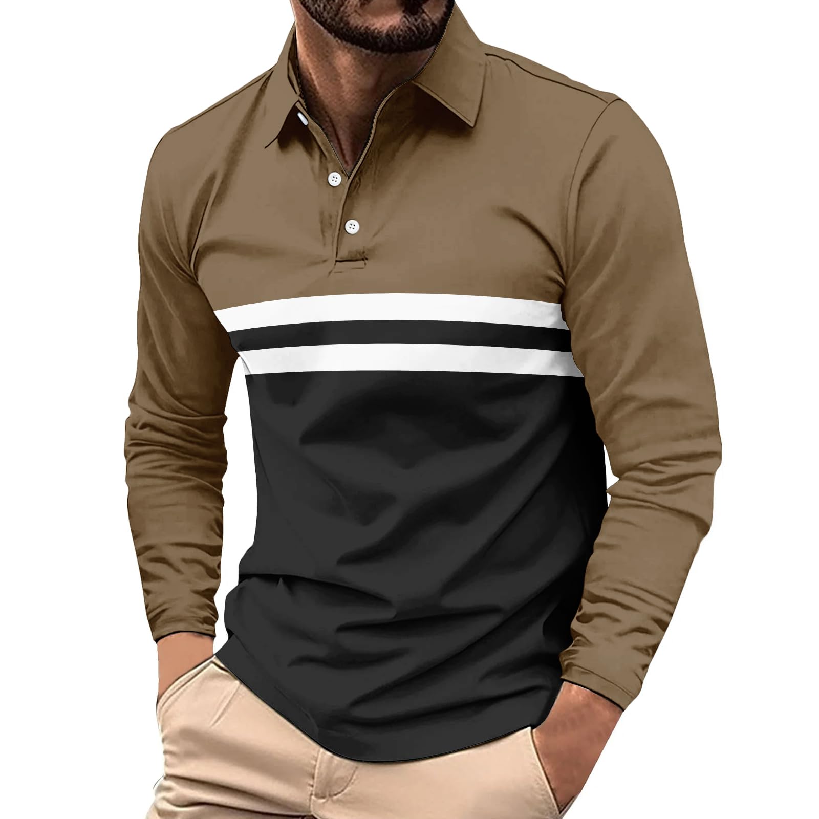 Pack de 3/5 Polos Homme Uni à Rayures Manches Longues Respirant à Séchage Rapide pour Golf/Course/Salle de Sport - Haute Performance