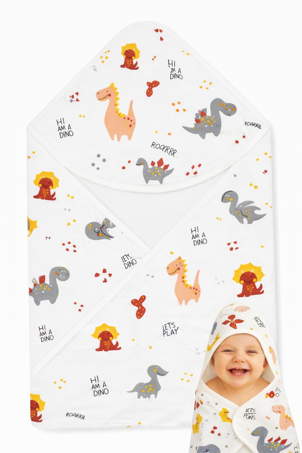 MomNess Premium 100% Pure Muslin Baby Towel, Washcloth, Reusable Wipes, Ultra Soft, Lightweight & Absorbent for Newborns, Infants & Toddlers, Gentle Skin-Friendly Fabric (Dino Hooded Towel)-image-27