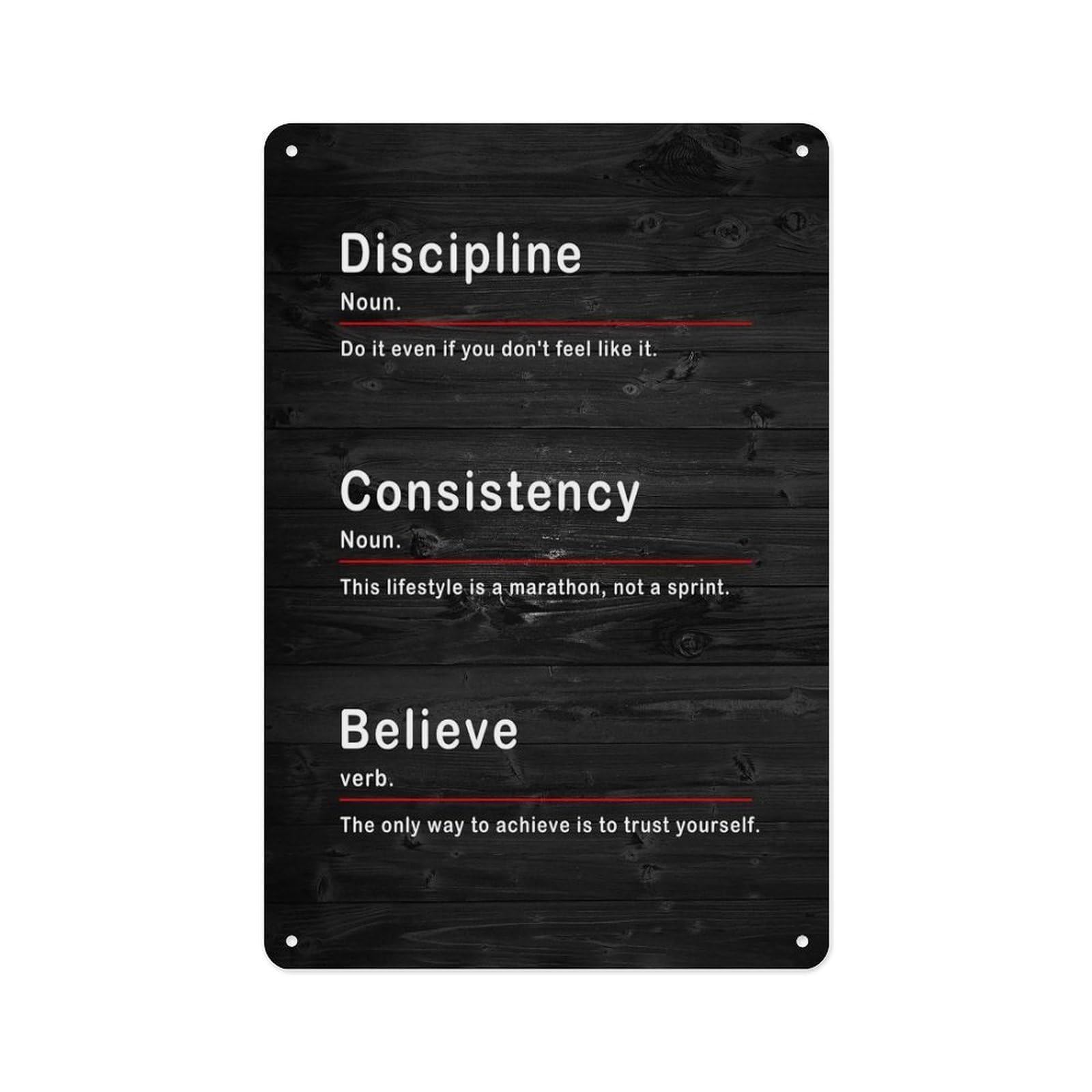 peiyeety Metal Tin Sign Discipline Consistency Noun Inspirational Quotes Poster, for Living Room Hallway Office Home Wall Art Decor 12 X 8 Inch