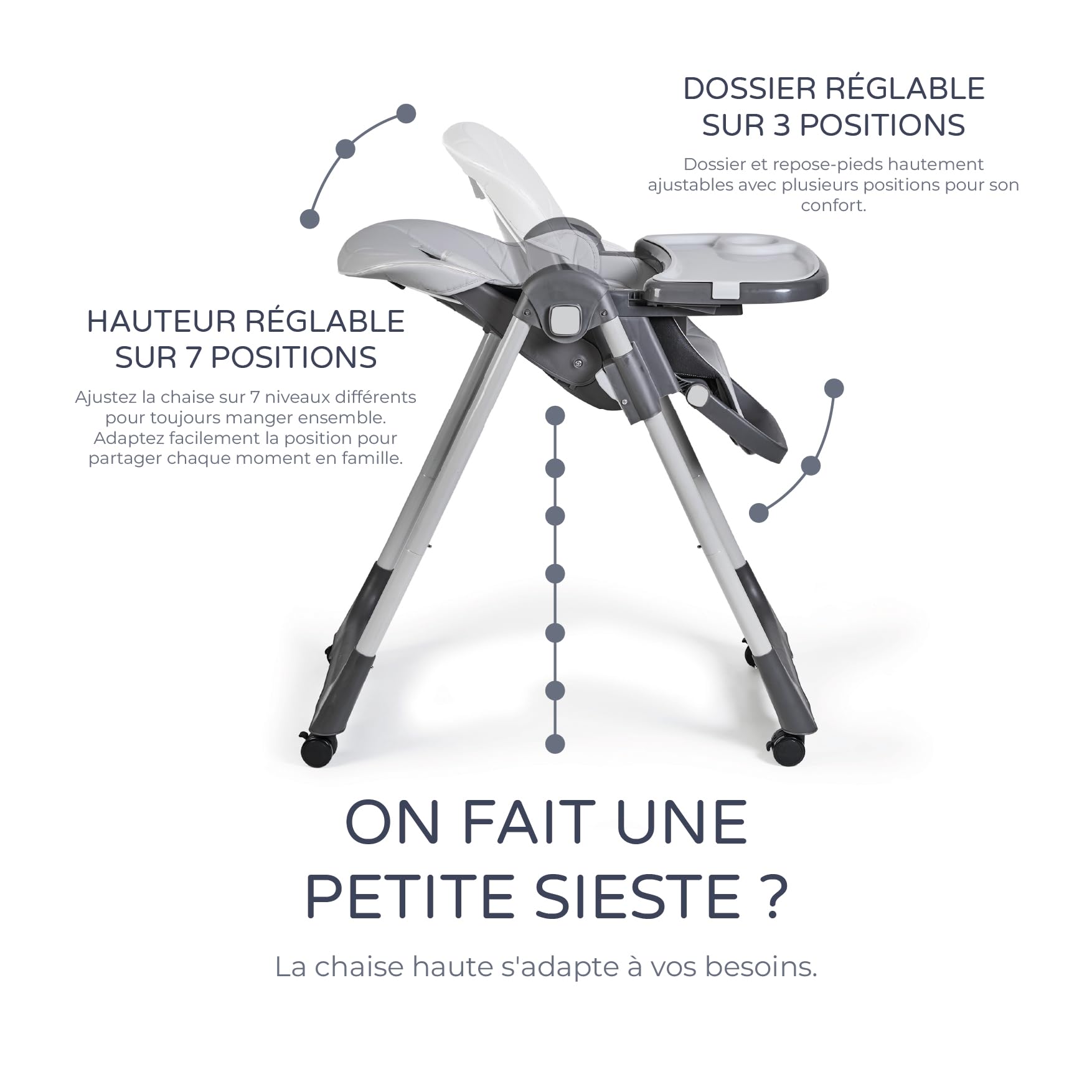 Ms BabyWorld - Chaise haute évolutive pour bébé Tasty | 7 positions de hauteur et 3 inclinaisons | Plateau amovible et repose-pieds réglable | Portable, pliable, jusqu’à 3 ans (Gris)