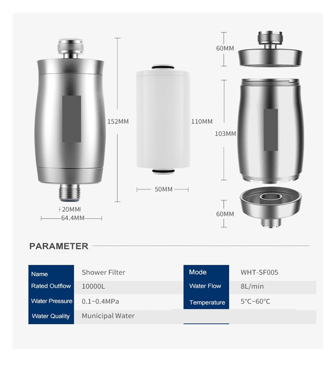 Filtr wody, Prysznicowy filtr do wody Oczyszczacz wody w łazience, filtr pod prysznic Zmiękczacz Usuwanie chloru Dom Uzdatnianie wody wykonane z materiału metalowego