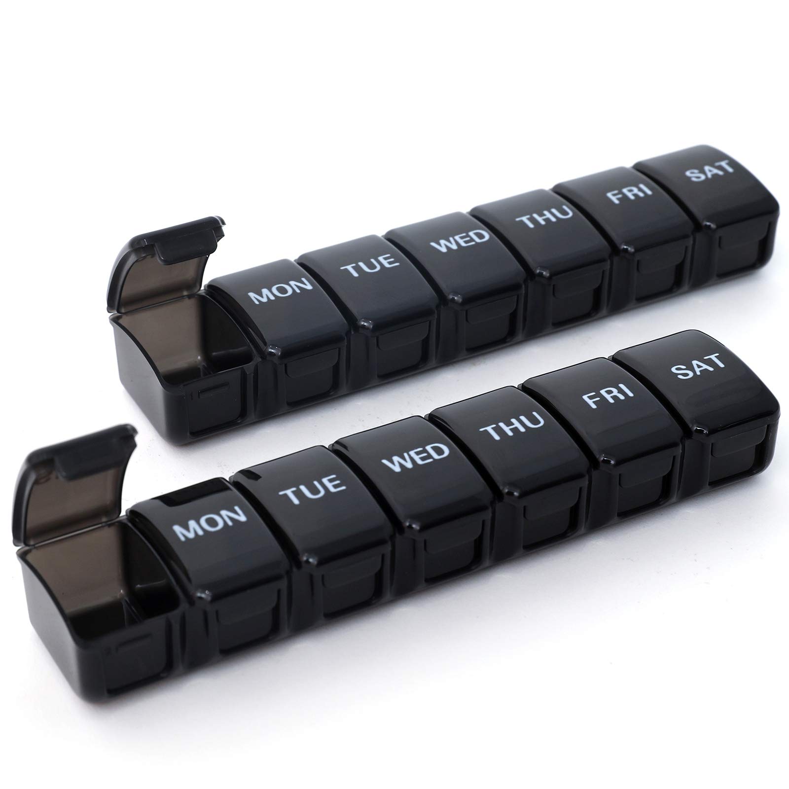 Paquete de 2 pequeños organizadores semanales de pastillas, pastillero diario de bolsillo, caja para píldoras, vitaminas, aceite de pescado, suplementos (negro)