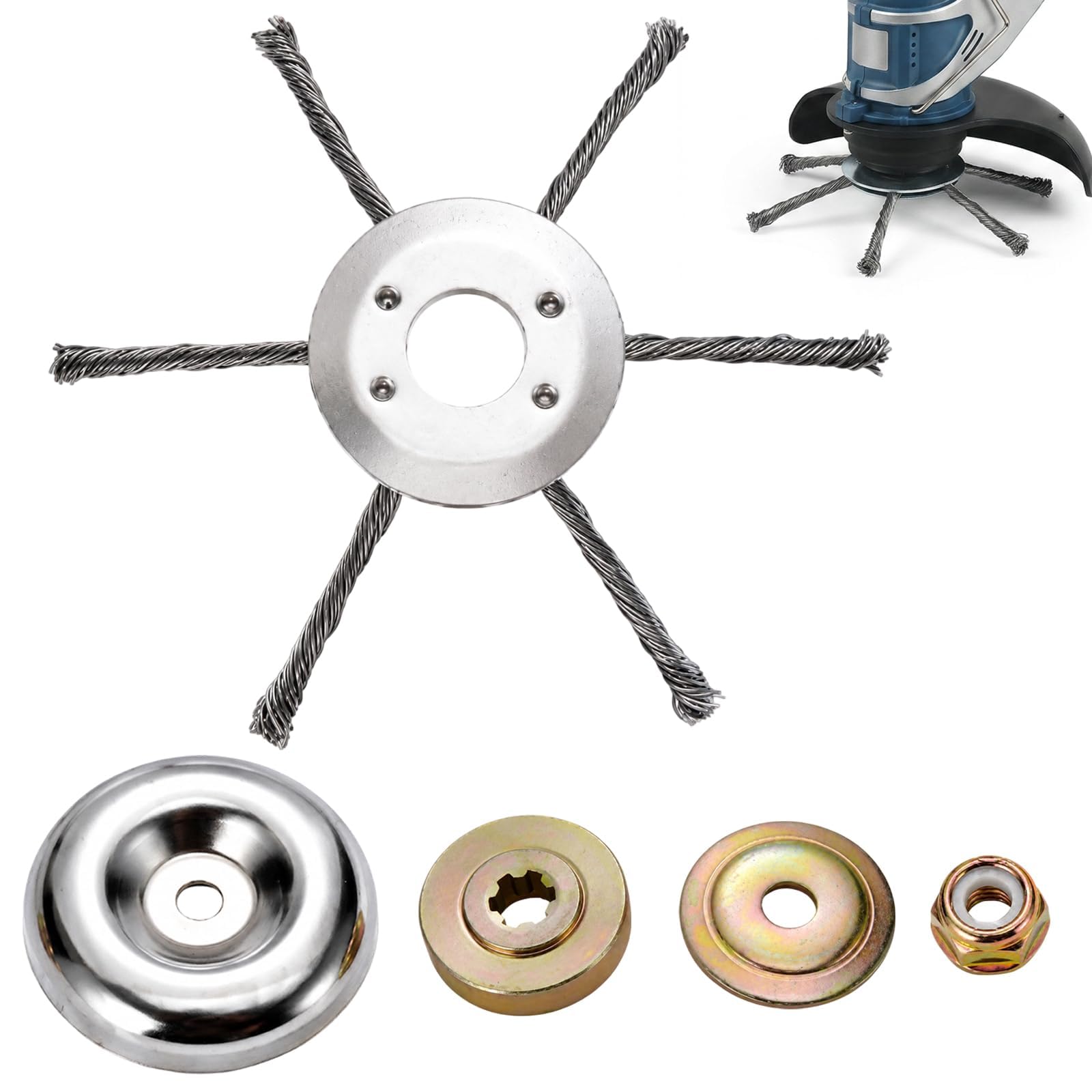 5-pcs 6-Blade Trimmer Head with Universal Adapter Kit Set with Nut and Washers, Heavy Duty Manganese Steel Blade for Thick Brush Cutting and Garden Maintenance