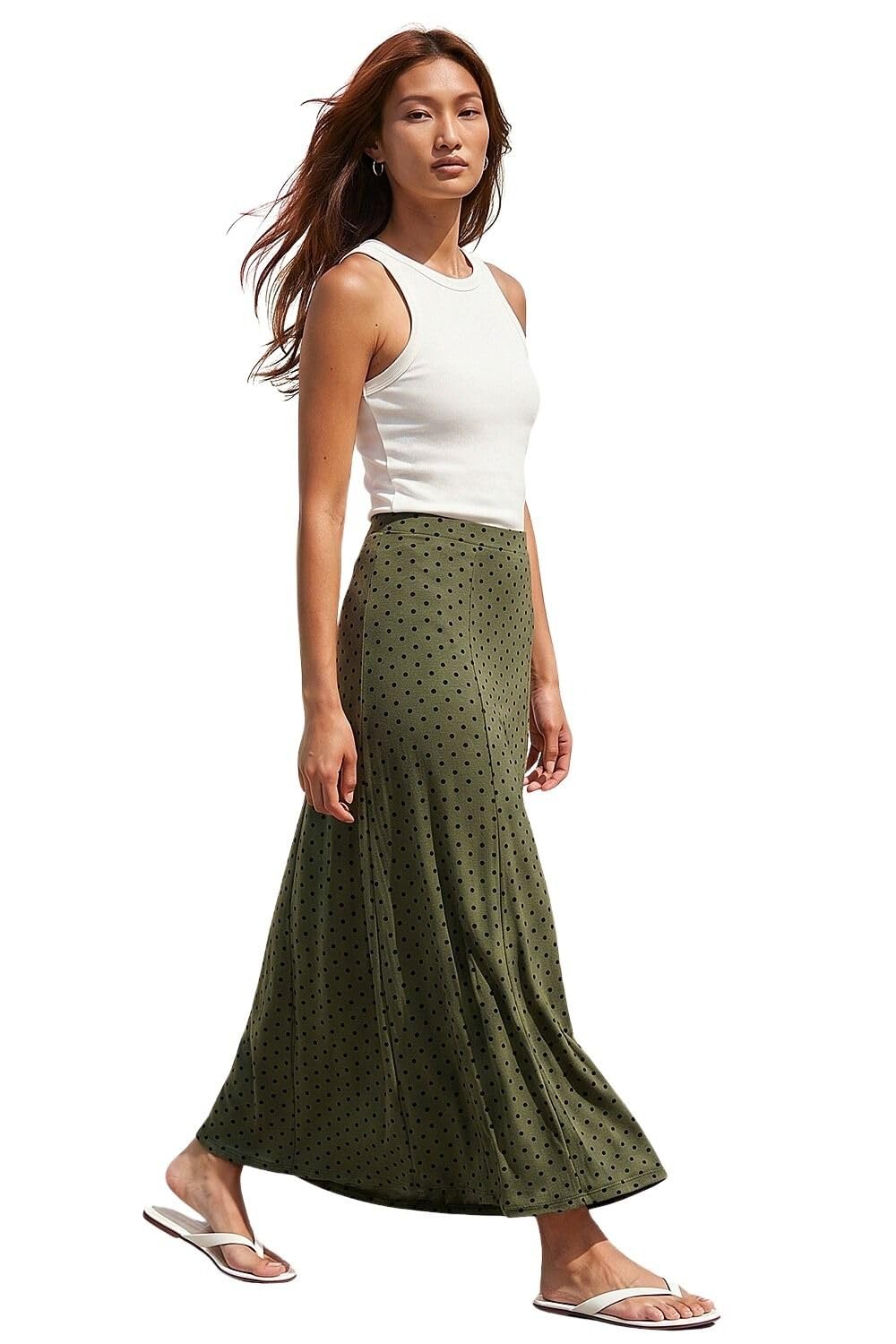 Roman Jersey Skirt for Women UK - Ladies Midi Maxi Floral Animal Print Autumn Winter Swing Smart Casual Office Cocktail Party Going Out Evening Holiday Cruise - Size 16 - Polka Dot Khaki