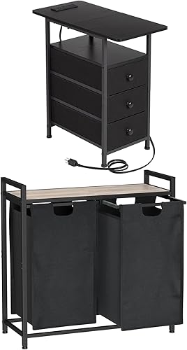 AMHANCIBLE Mesa auxiliar estrecha con estación de carga, cesta de lavandería con estante