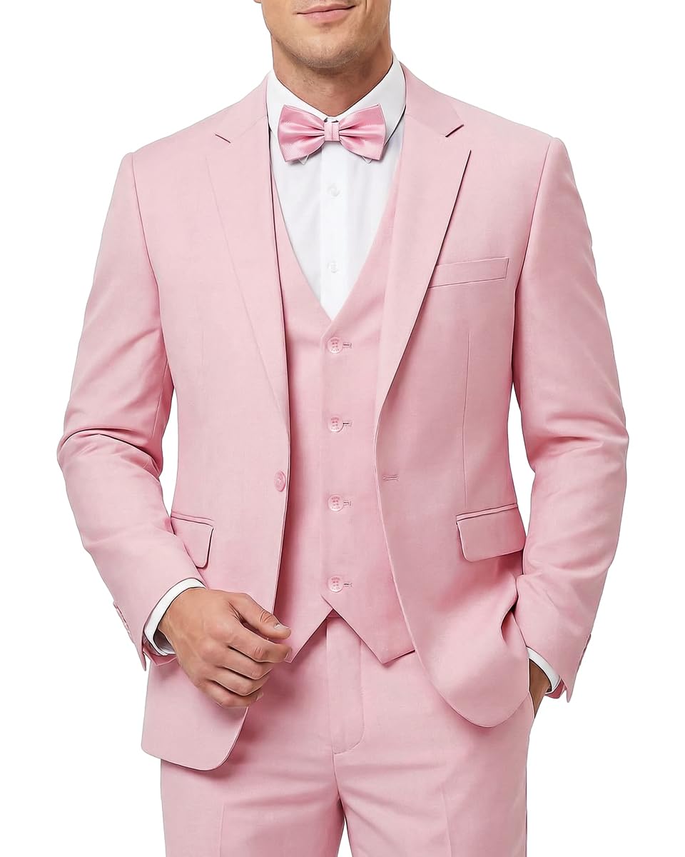 Men's 3-Piece Slim Fit Suit with Bow Tie, Single Button Blazer Vest Pants Set for Wedding Business, Formal Suit for Men