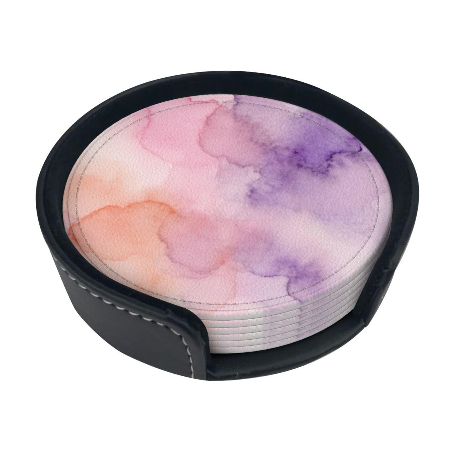 Cntdbu White Abstract Watercolor Leather Coasters Set Of 6-Pu Leather Drink Mats For Table, Heat Resistant Round Coasters With Holder