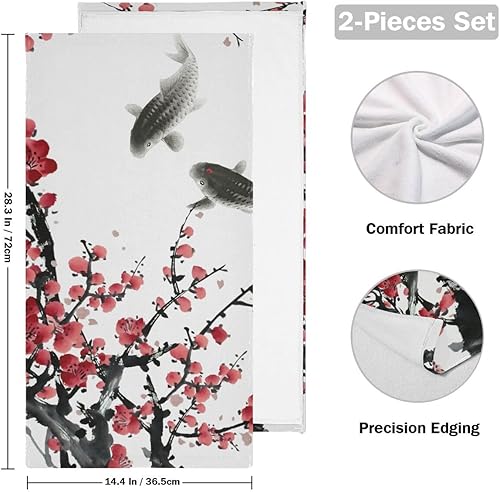 Miniatura 2 de Juego de 2 toallas de mano con diseño de flor de ciruelo rojo para baño, flores, flores, árboles, ramas, peces koi, estilo asiático, juego de