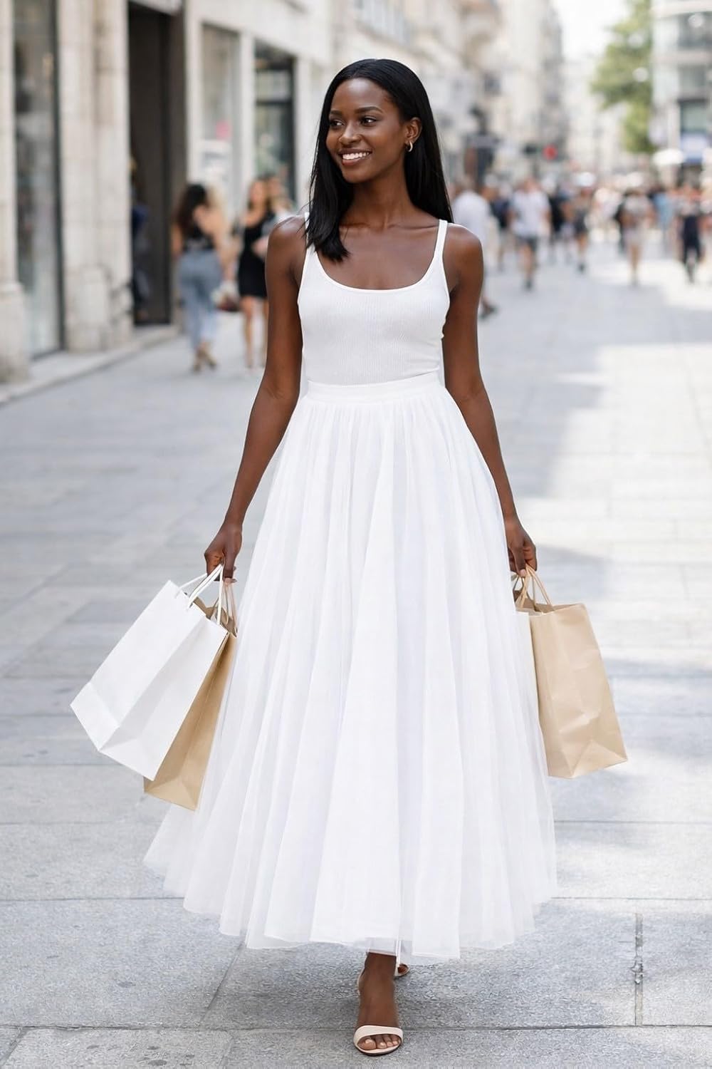 SANGTREE Women's Long Tulle Skirts Elastic High Waist A-Line Layered Tutu Mesh Flowy Skirt Ankle Length