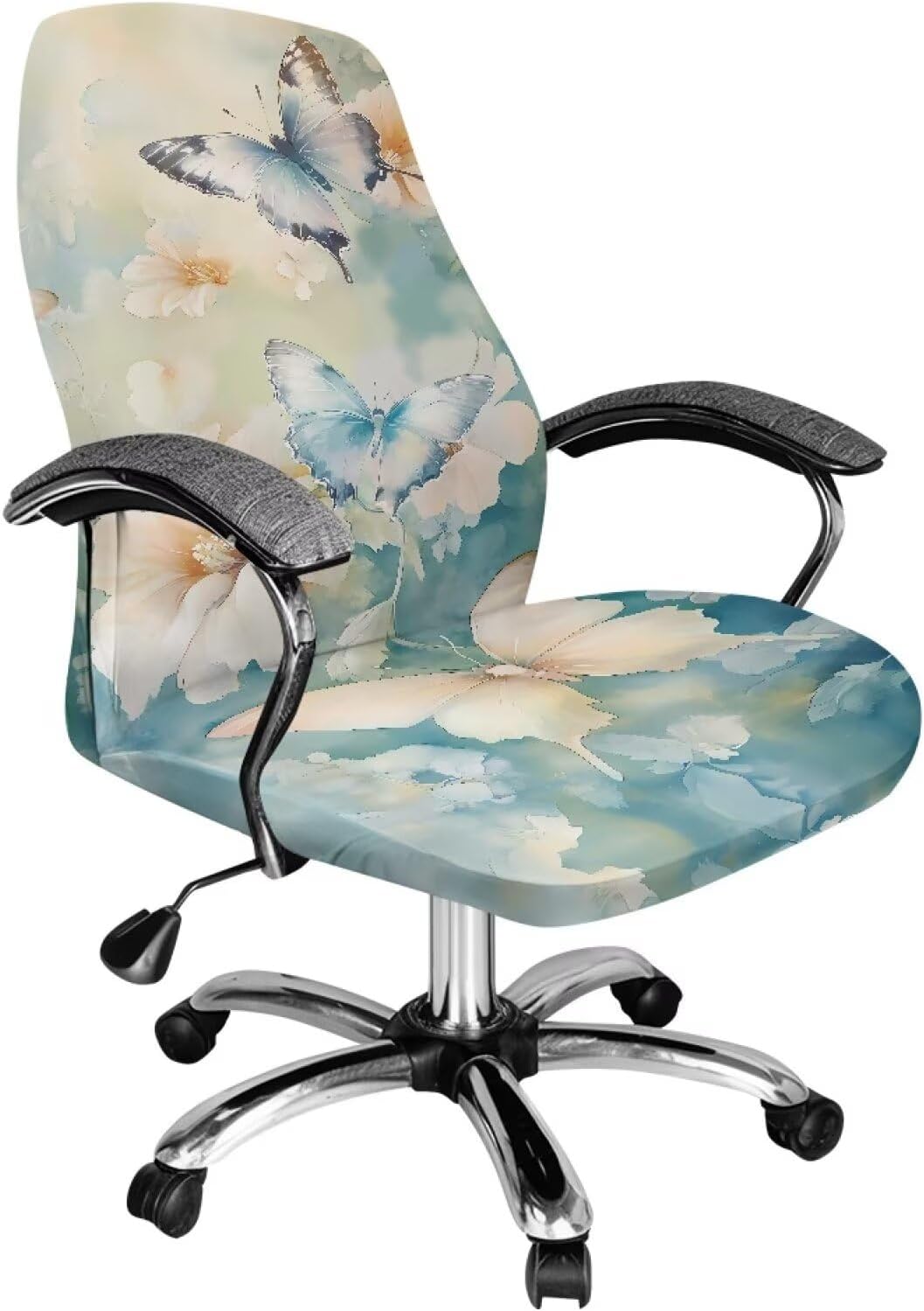 Office Chair Slipcover Stretch Computer Chair Cover Anti-Dust Rotating Desk Chair Protector Washable High Back Chair Cover Furniture Protector Covers, L, Butterfly Flower Blue Beige