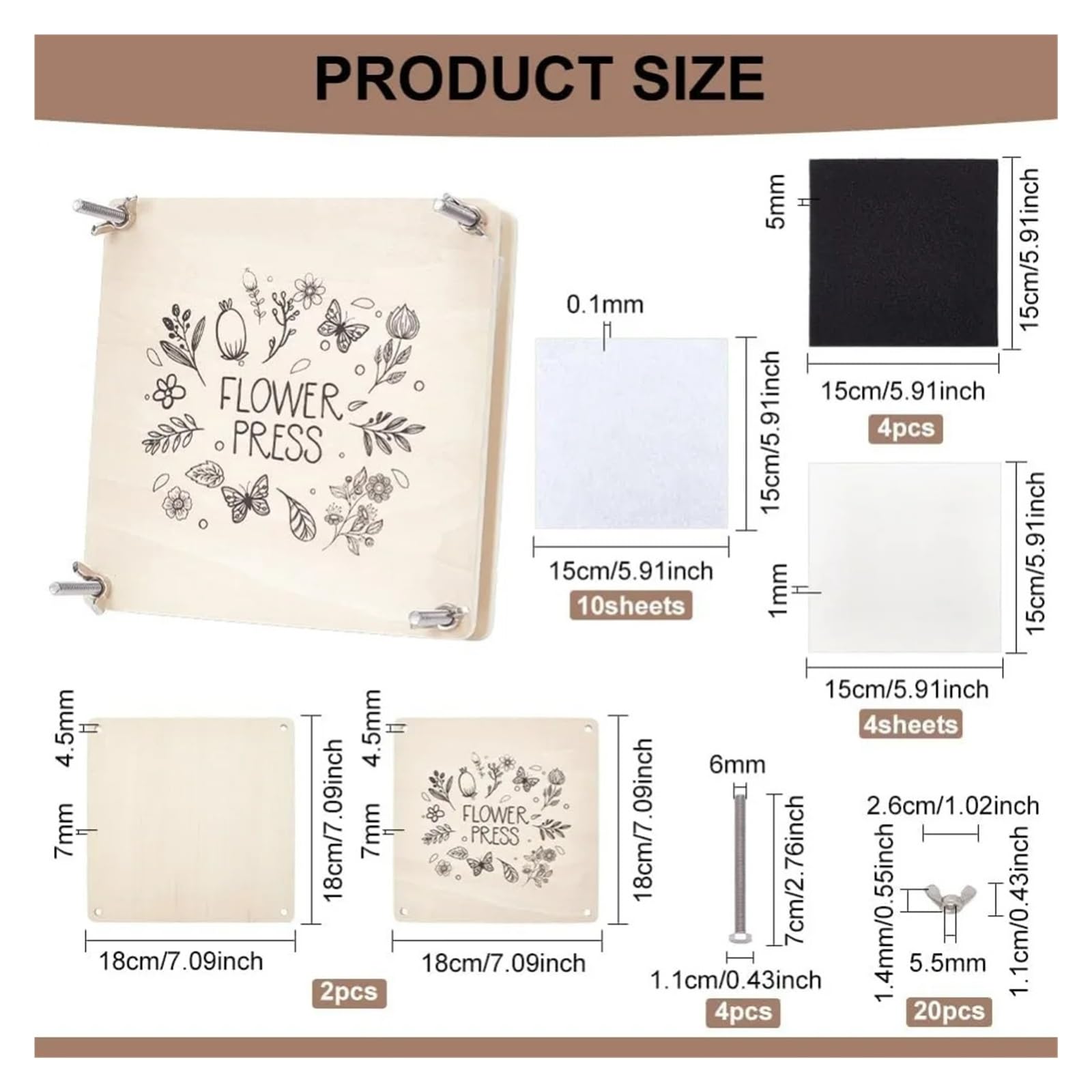 SUBLXPoten Kit de Prensa de Flores Kits de prensa flores grandes, 7x7 pulgadas, 4 capas, kit plantas, kits hojas madera cuadradas for manualidades, arte, fabricación secas