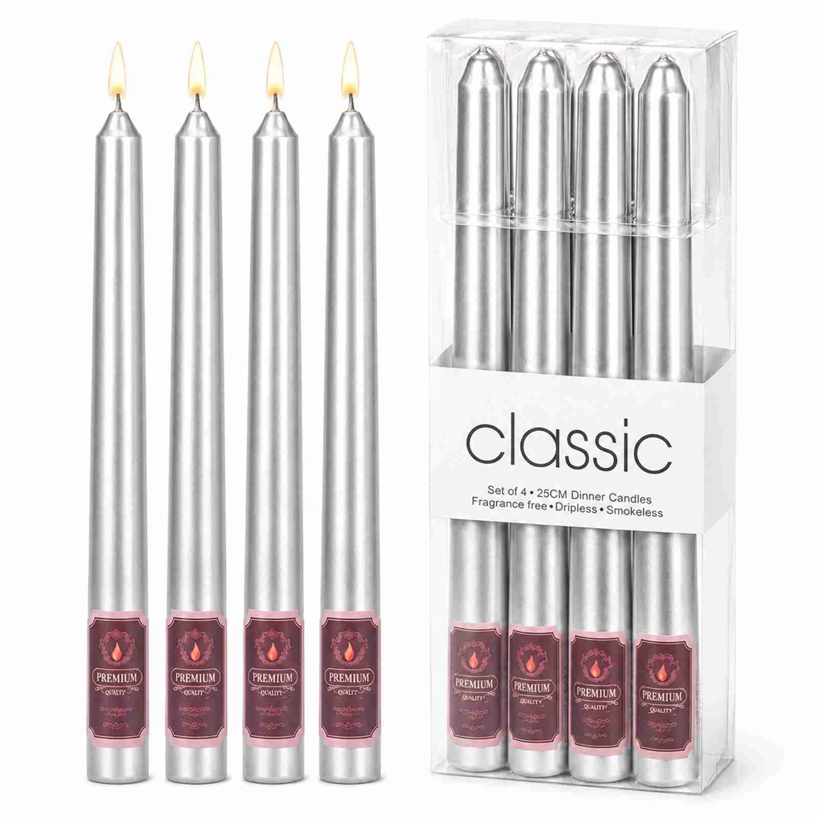 Silver Taper Candles, 27 cm, 15-Hour Burn, Set of 4