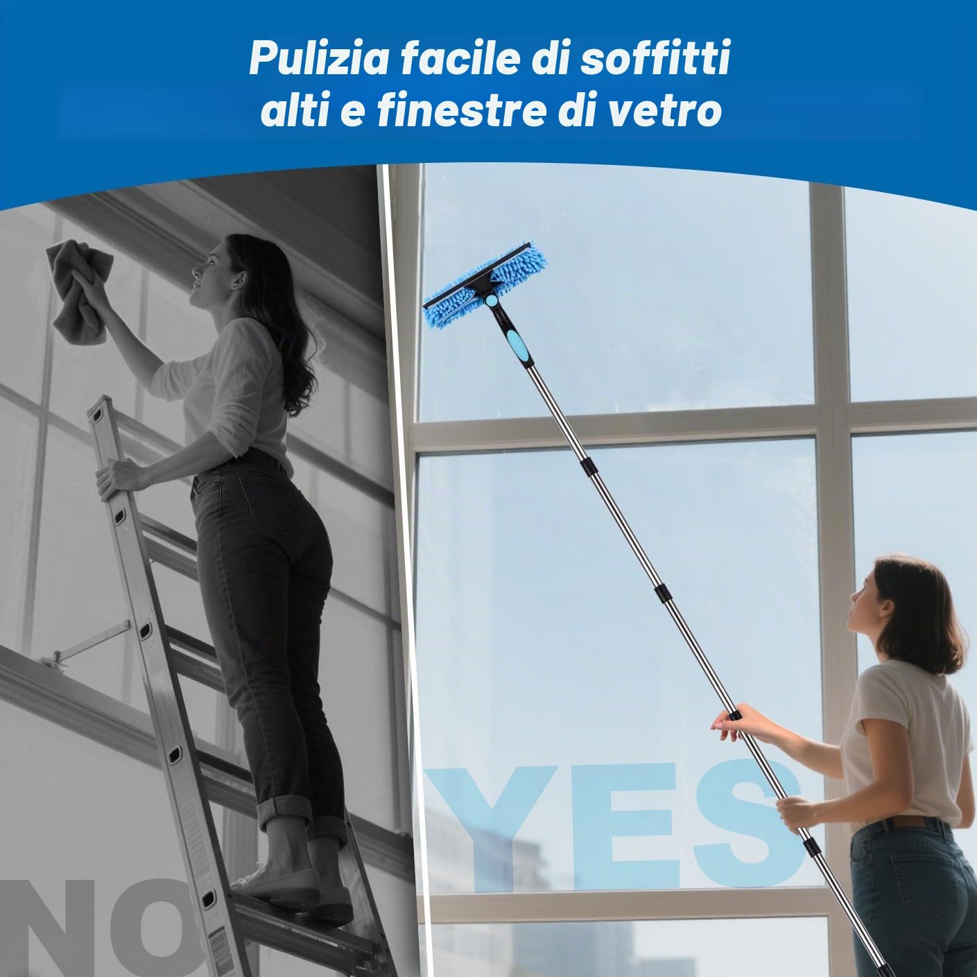 4.3m Pulitore per finestre estensibile, attrezzatura per la pulizia dei vetri delle finestre 2 in 1, strumento telescopico lungo per la pulizia dei vetri delle auto con 2 panni in microfibra e lama