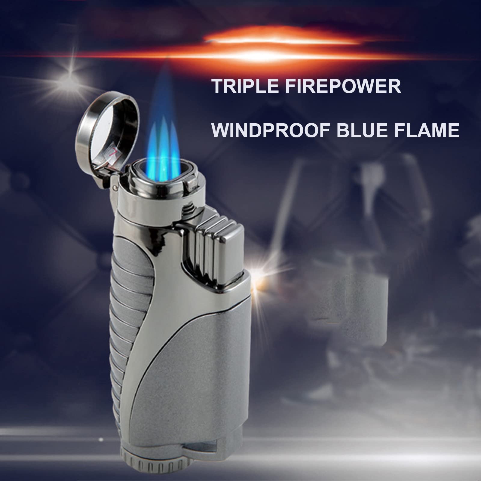 Briquet Gonflable Portable Flamme à Triple Jet Briquet Torche Au Butane Rechargeable Allumeur Gonflable Allume-Cigare à Flamme Bleue avec Boîte d'emballage