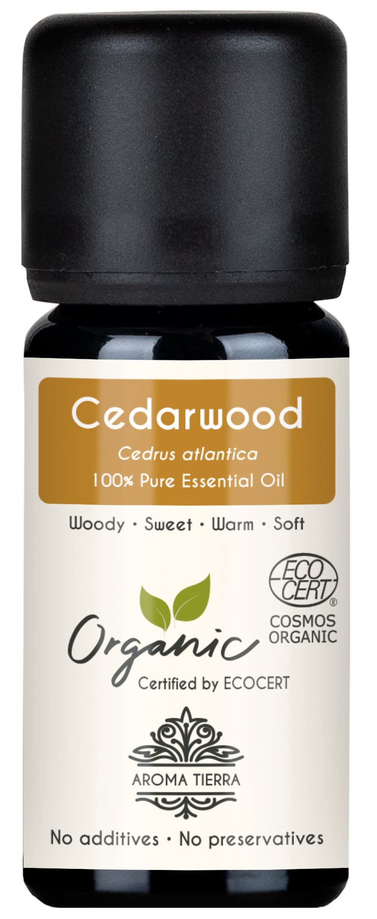 Aroma Tierra Organic Cedarwood Essential Oil 10ml - 100% Pure & Natural (Cedrus atlantica) - Woody & Balsamic - For Hair & Beard Care, Skin, Diffuser, Aromatherapy & Sleep