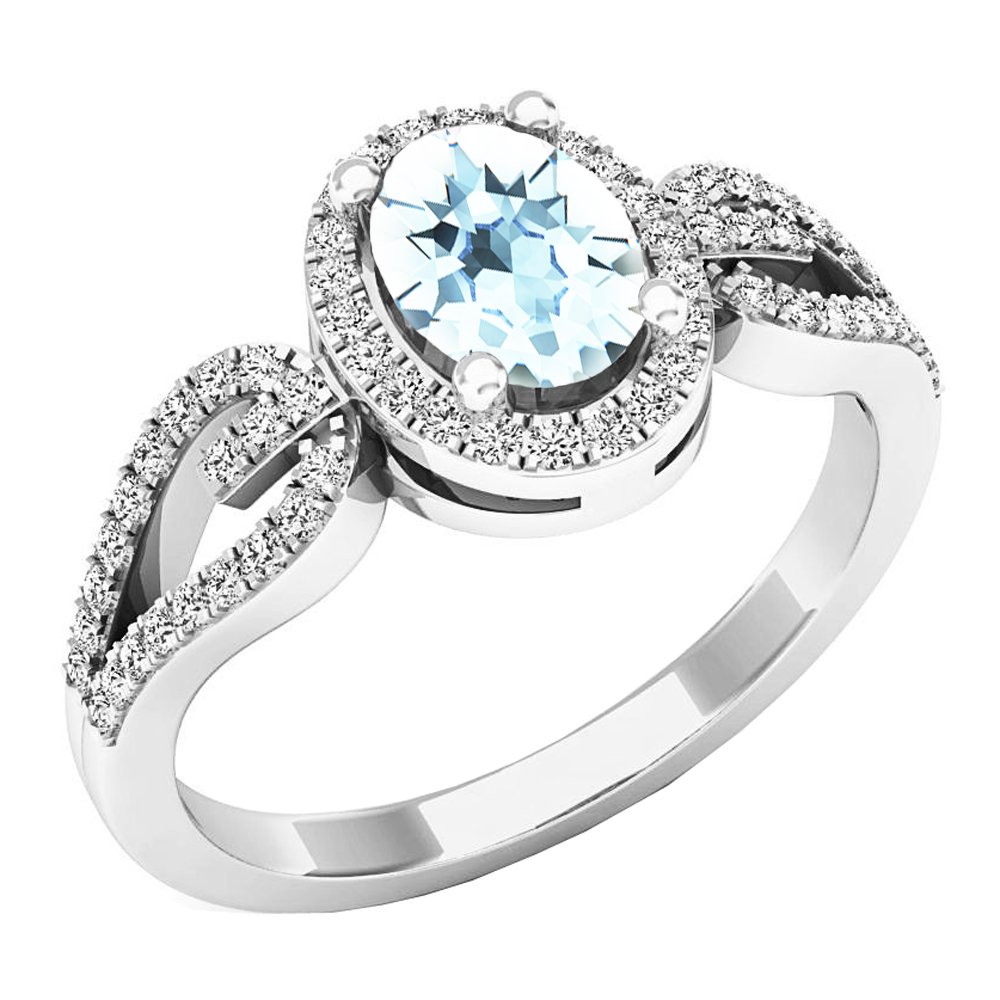DazzlingRock Collection7X5 MM Oval Aquamarine & Round White Diamond Bridal Halo Engagement Ring, Sterling Silver