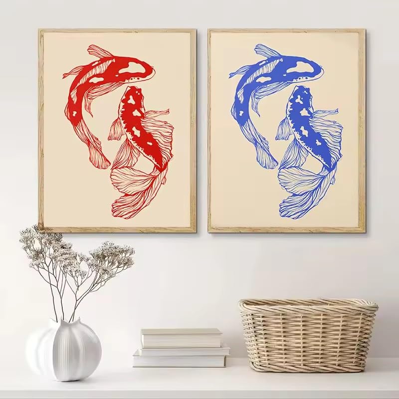 KEMEIQI Poster su tela giapponese con carpe koi rosse e carpe koi blu portafortuna per la decorazione moderna del soggiorno (80 * 120x2 cm/cornice)