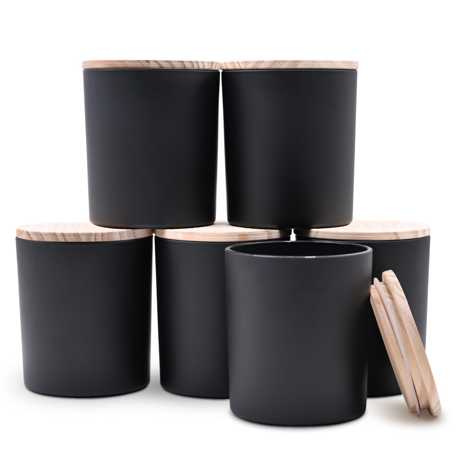 SHOWIN 400 ml dicke Kerzengläser für die Herstellung von Kerzen, leere Gläser mit Holzdeckel für Gewürzgläser, Probenbehälter, Mattschwarz