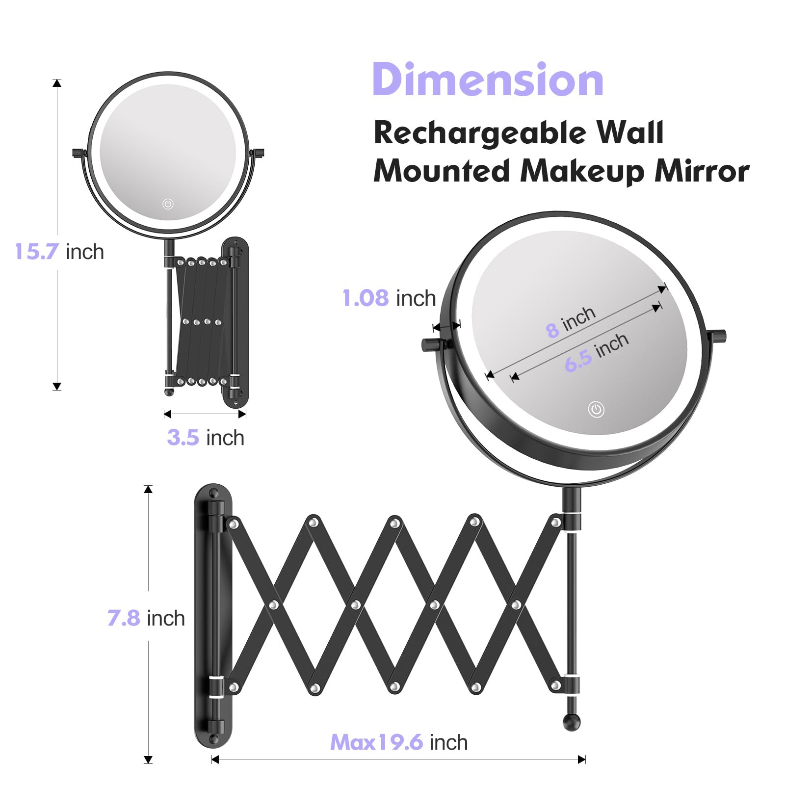 FUNTOUCH 4000mAh Wiederaufladbar Kosmetikspiegel mit 1X/30X Vergrößerung | 3 Farben Beleuchtung, Verlängerter Arm Schminkspiegel, 360° Drehbar Wandspiegel für Badezimmer und Hotel (Schwarz)