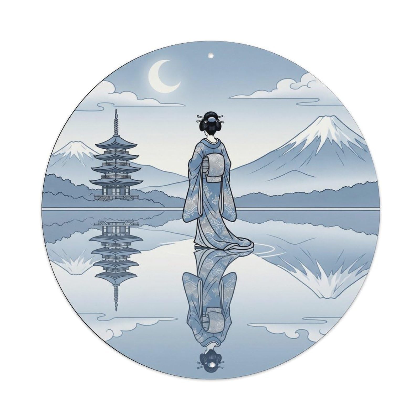 Galvaxio Style Japanese Kimono Woman Viewing Lake Mirror Reflection Metal Tin Sign