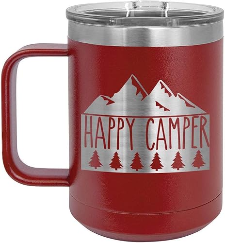 Happy CAMPER B granate 15 oz taza de café w/tapa superior deslizante | Taza de café de viaje aislado | Ideas de regalo de cumpleaños o Navidad de