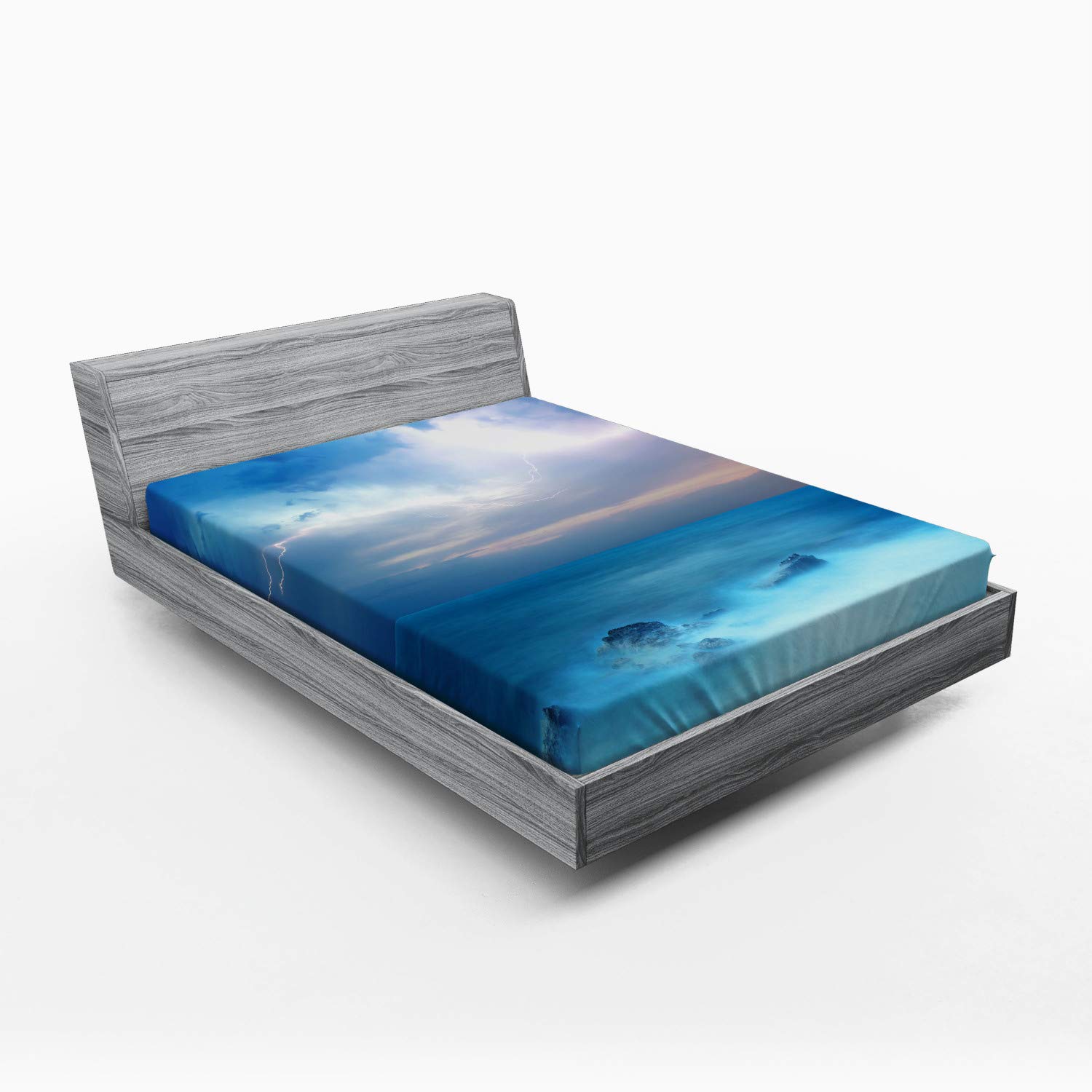 Nature Fitted Sheet, Rocks in The Tropical Ocean and Big Dense Bolts in The Air Forces of Nature Art, Bed Cover with All-Round Elastic Deep Pocket for Comfort, Queen Size, Turquoise