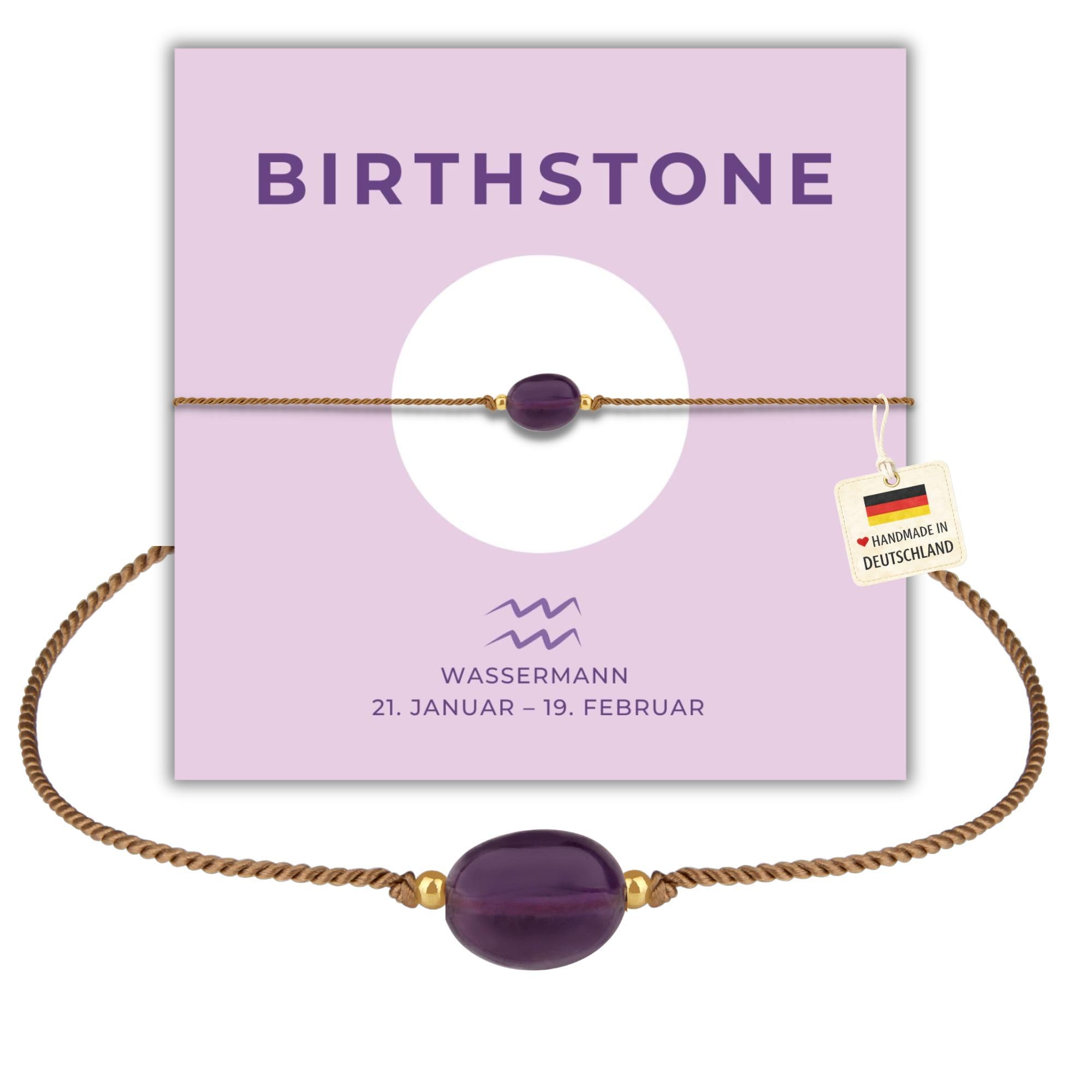 happymaker I Geburtsstein Februar, Geburtsstein Armband mit Amethyst, Sternzeichen Wassermann, handgfertigt in Deutschland, Geschenkverpackung