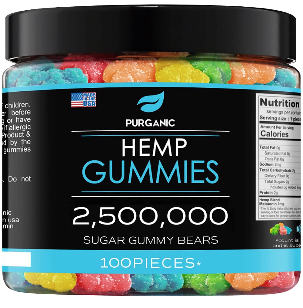 Purganic Natural Hemp Gummies - Sweet Sugar Bears - Advanced Natural Relief & Relaxation - 2.5M - Sleep, Calming Support - Assorted Tasty Fruit Flavors - 100ct