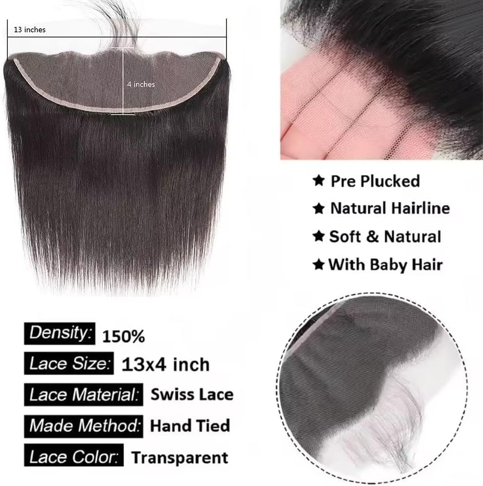 MYouan 13x4 Lace Frontal Brazilian Straight Wave Human Hair Ear to Ear 13x4 HD Lace Frontal Closure 150% Density Pre-Plucked 14 Inch - Image 2
