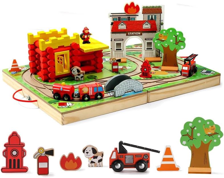 SainSmart Jr. Train Set for Toddlers, Portable Fire Station Log Cabin 66 PCS, Take-Along Tabletop Railroad with Building Block for Toddlers and Kids Ages 3+ SainSmart Jr. Train Set for Toddlers, Portable Fire Station Log Cabin 66 PCS, Take-Along Tabletop Railroad with Building Block for Toddlers and Kids Ages 3+