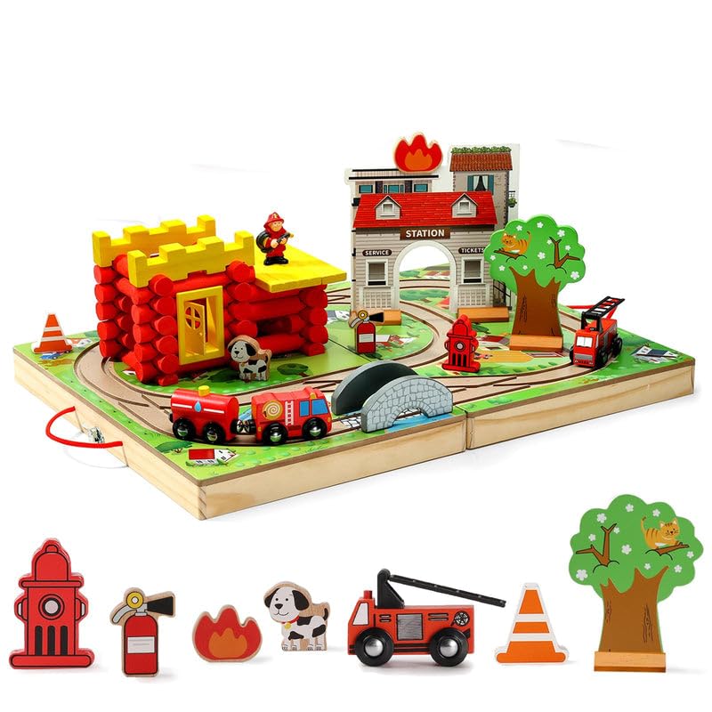 SainSmart Jr. Train Set for Toddlers, Portable Fire Station Log Cabin 66 PCS, Take-Along Tabletop Railroad with Building Block for Toddlers and Kids Ages 3+