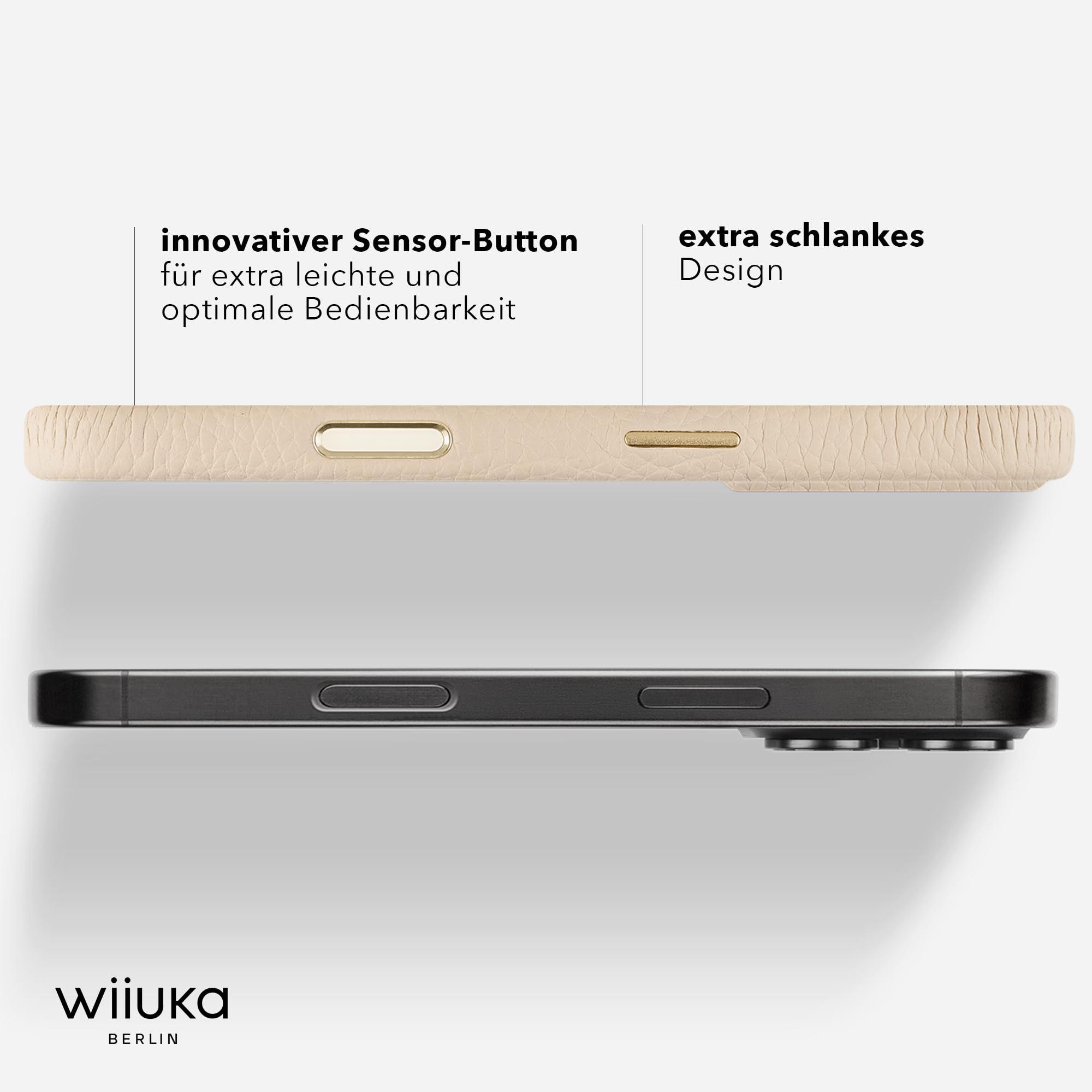 WIIUKA Funda para iPhone 17 Pro, piel de Alemania, funda de piel extra fina, funda premium para teléfono móvil, funda Qi, skiin, beige crema