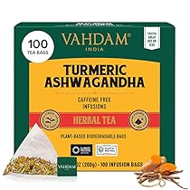 VAHDAM, Tisane Curcuma e Ashwagandha (100 Bustine) Senza Caffeina | Tè alle erbe | Sottovuoto | Infusi e Tisane 100% Puri dal Gusto Dolce e Aromatico