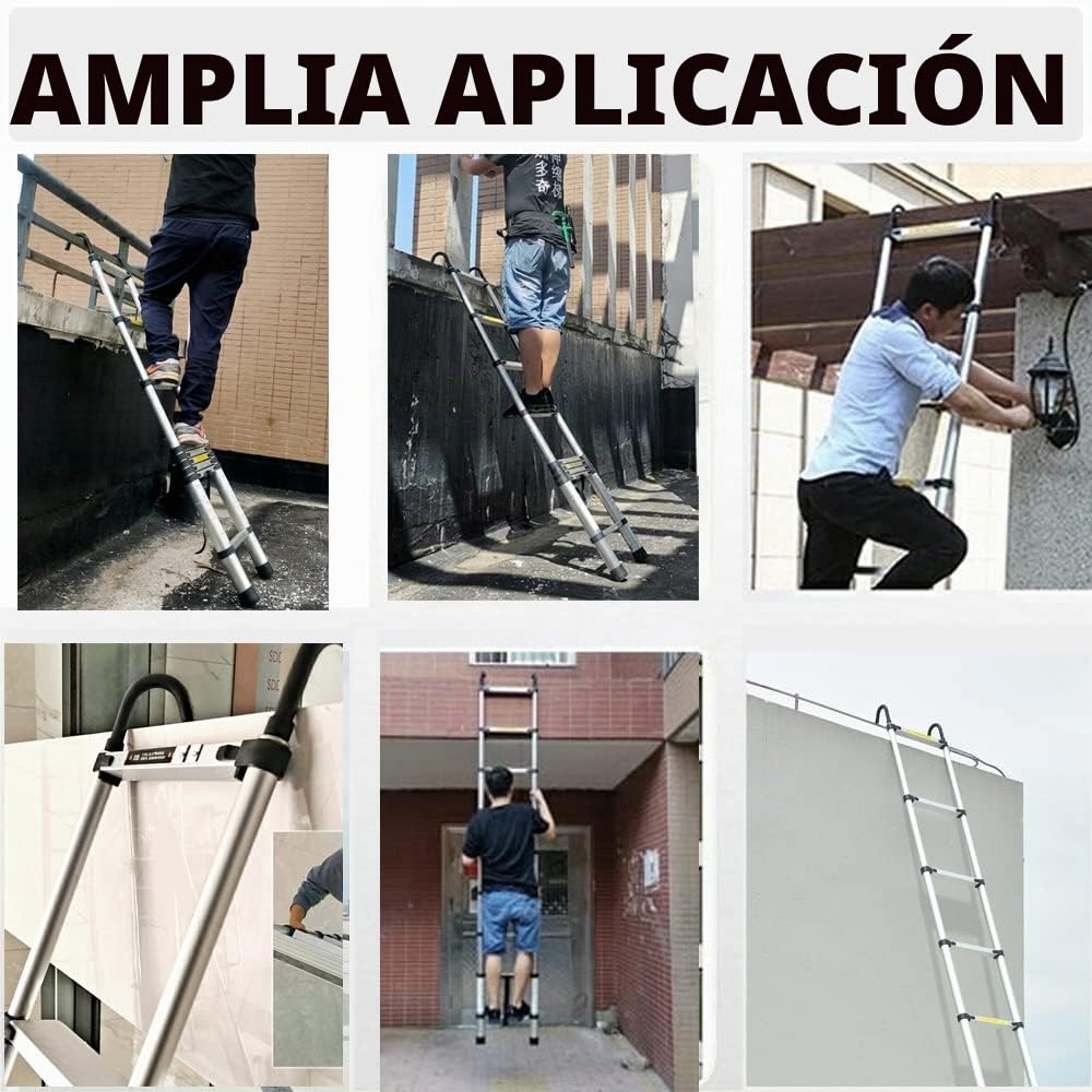 Escalera telescópica de aluminio de 6,2 m con 2 ganchos, 15 peldaños, capacidad de carga de 150 kg, EN131