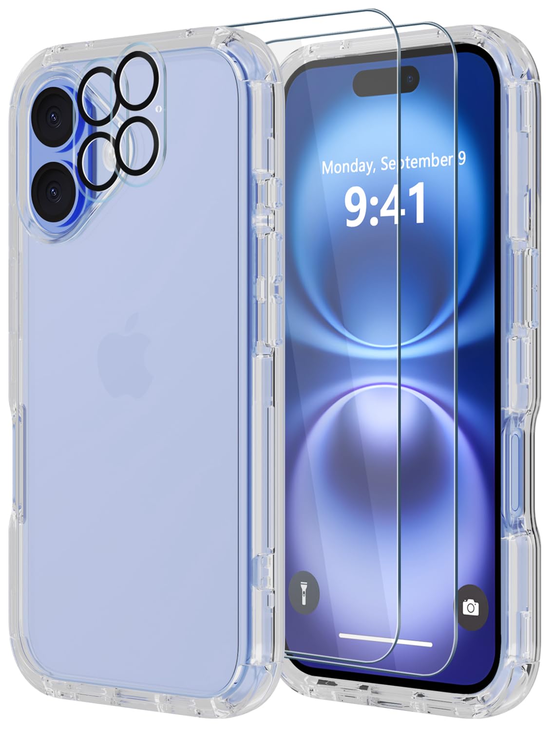 Diverbox for iPhone 16 Case [Shockproof] [Dropproof] [Tempered Glass Screen Protector + Camera Protectors] Heavy Duty Protection Phone Case Cover for Apple iPhone 16 (Matte Clear)