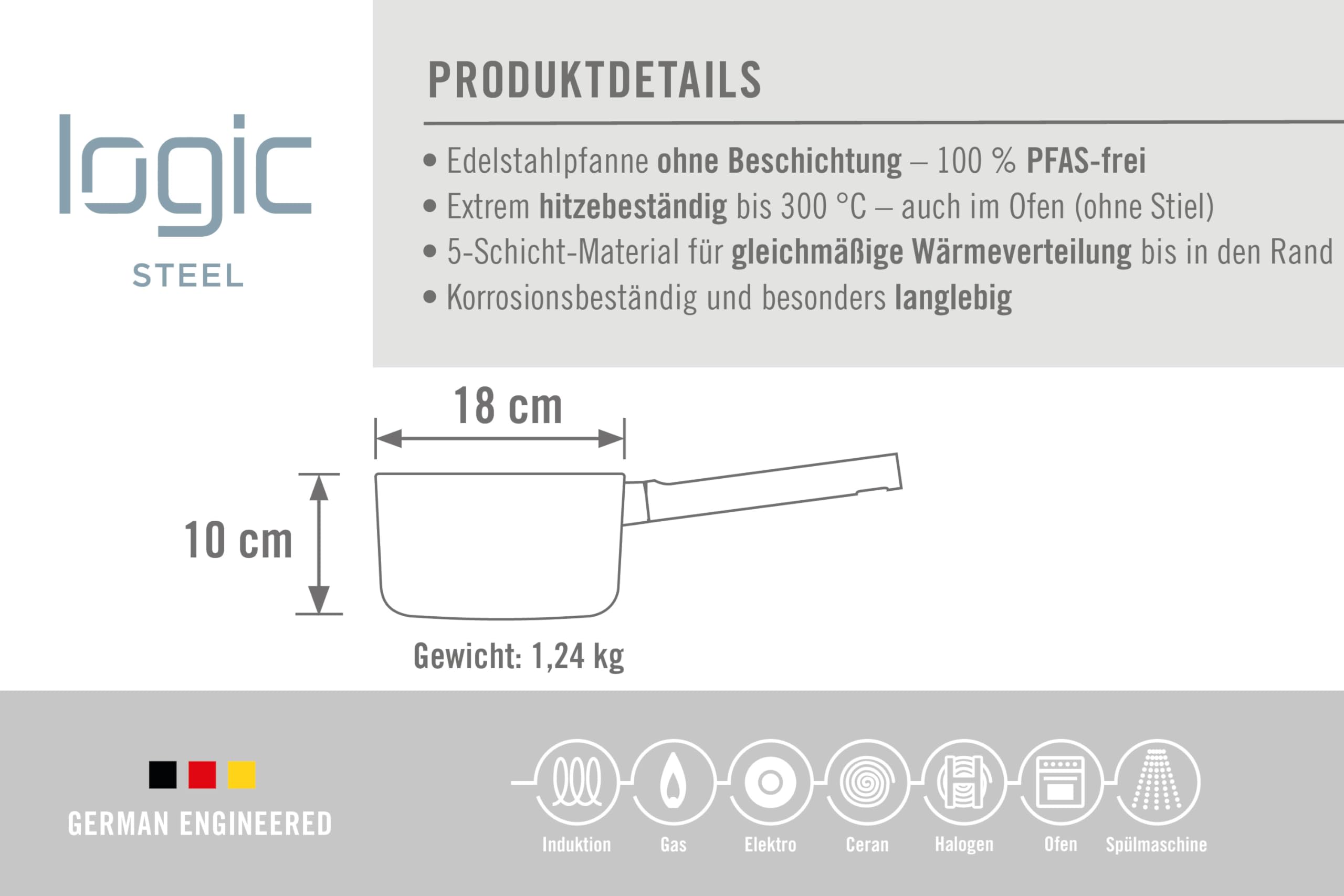 WOLL – Logic Steel Stieltopf Ø 18 cm Edelstahl, 10 cm hoch – Induktion – PFAS-freier Kochtopf – für alle Herdarten – langlebig & spülmaschinenfest