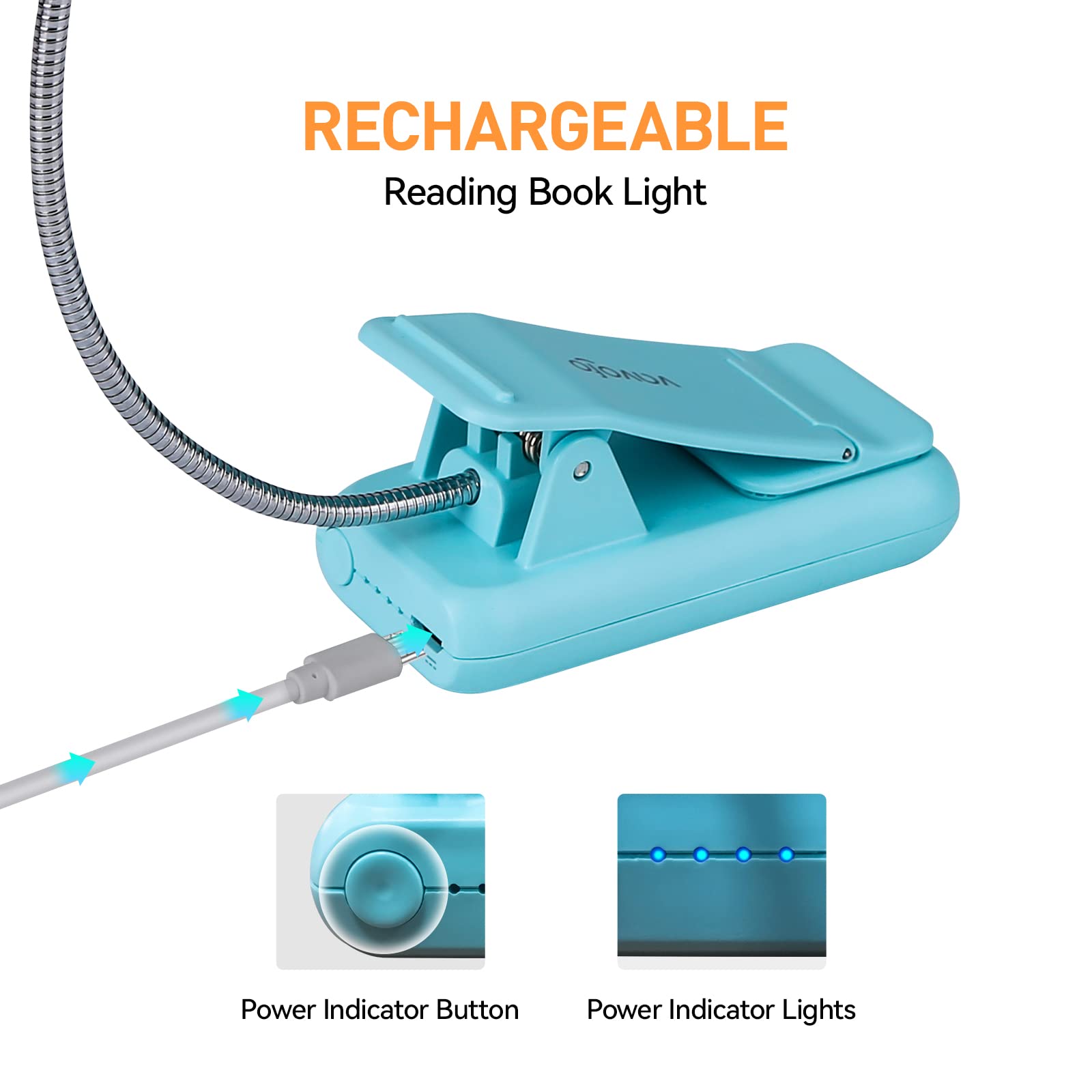 VAVOFO Luce ricaricabile per libri, blocco della luce blu, ambra 1600 K, luce da lettura con clip, 7 LED, luce per libri per bambini per leggere a letto con indicatore di alimentazione per topi di