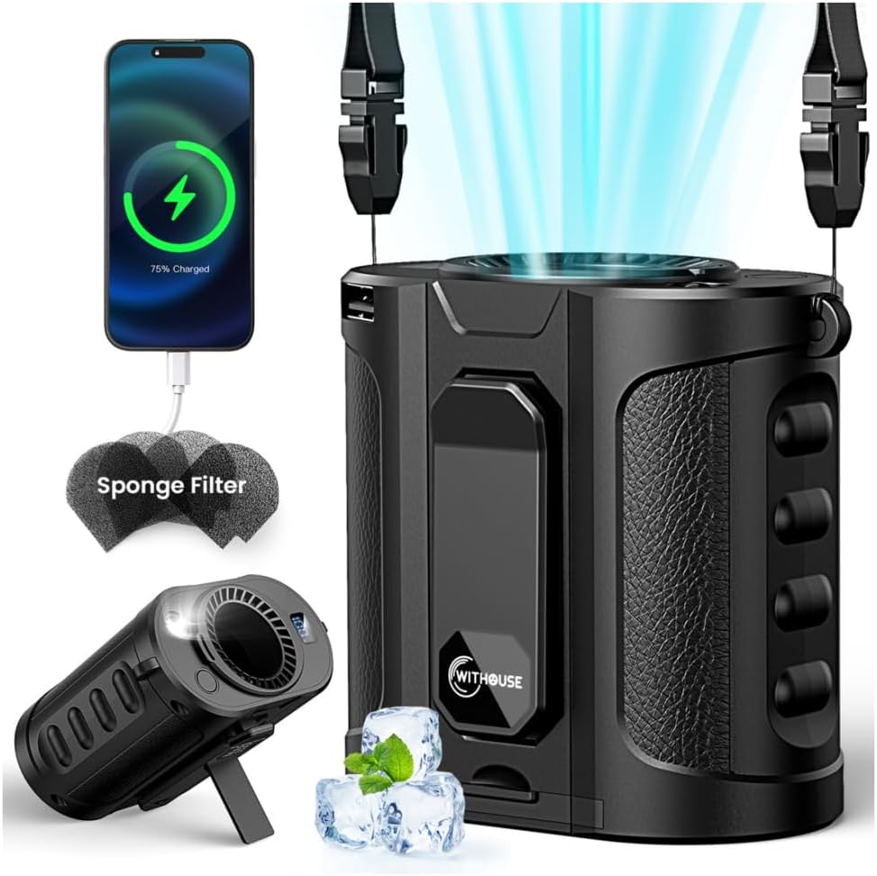 2026 AI Portable Waist Fan 12000mAh, 40H Runtime, 17000RPM Max, 5 Speeds, Built-in Dust Filter & LED Light, Wearable Cooling Belt Fan for Outdoor Work, Camping, Travel - Black