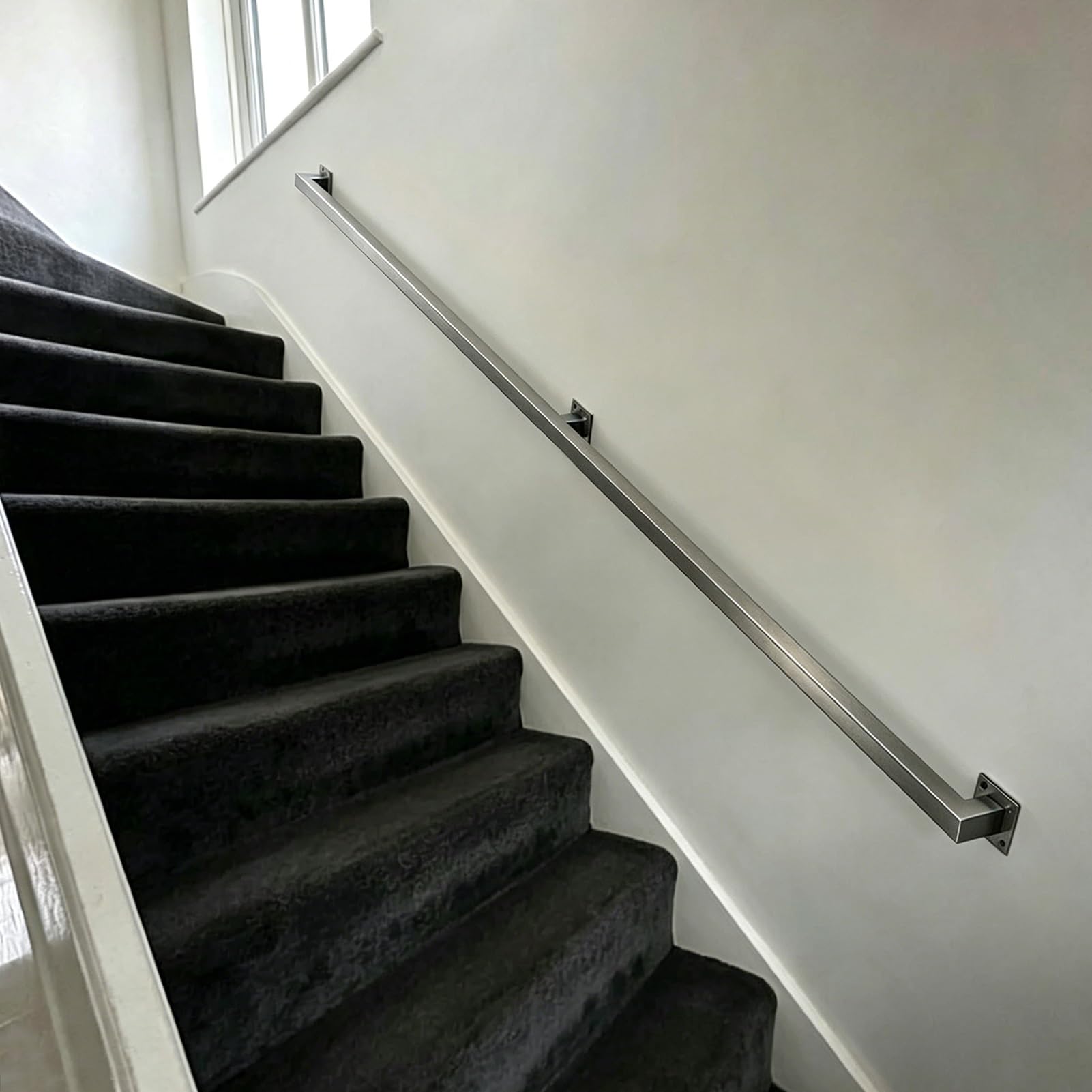 Square Tube Grab Rail Wall Handrail, 60cm 1m 1.5m 2.8m 2.5m 3.9m 4.5m 6m Modern Brushed Stainless Steel Hand Rail, Corridor Safety Banisters for Indoor Stairs/Outdoor Use(16ft/4.8m)