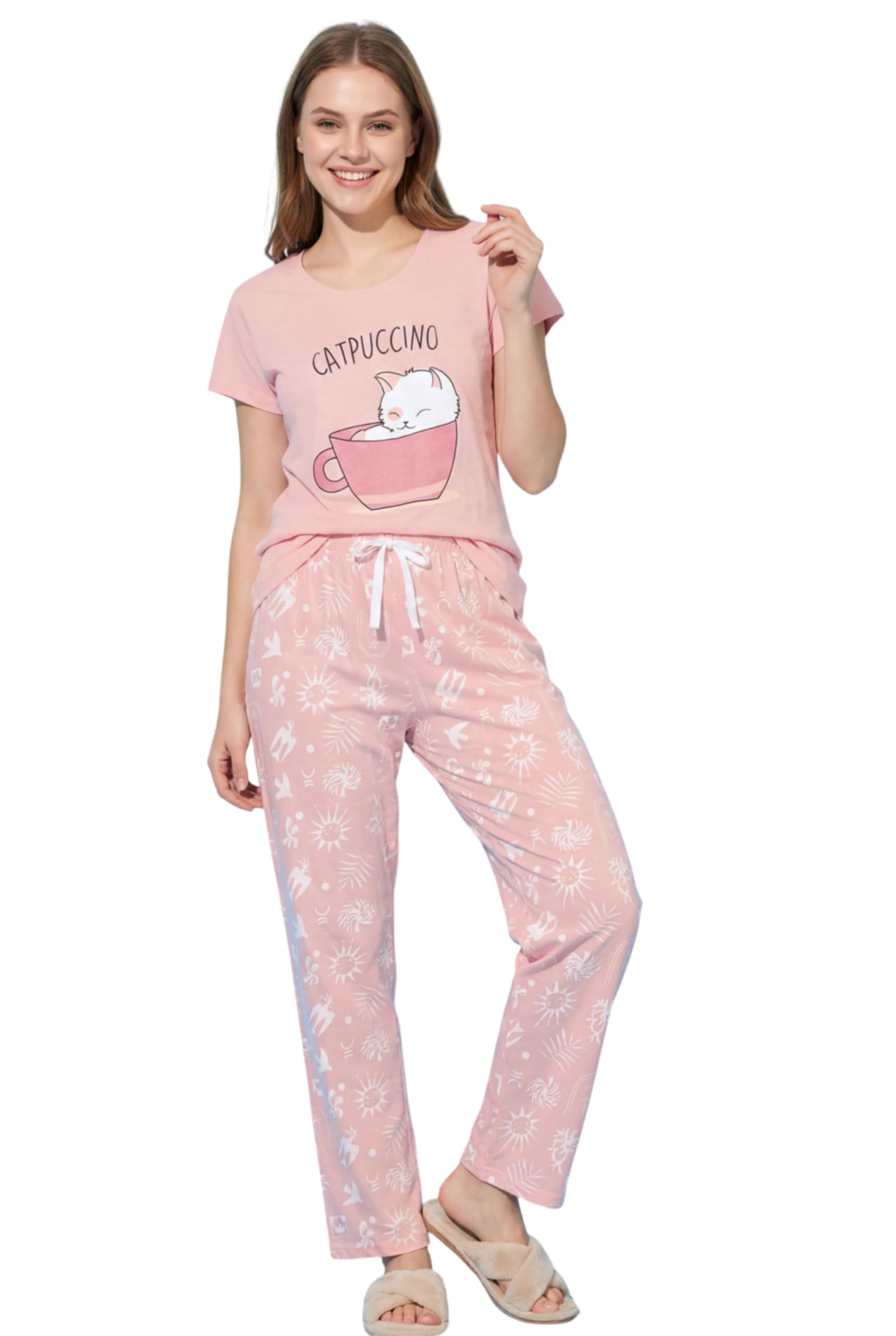 juliana dream Women's Pure Cotton Catpuccino Night Suit | Cute Cat & Coffee Print Top & Doodle Pyjama Set | Soft Round Neck Sleepwear-picture-39