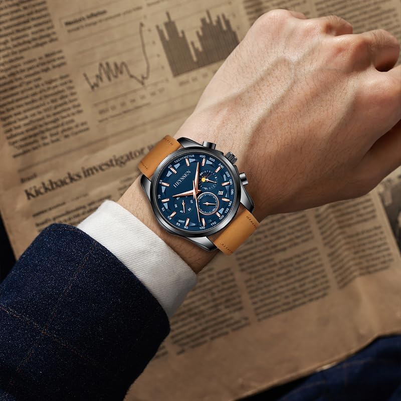 Miniatura 6 de Watches for Men Chronograph Analog Luminous Quartz Watch Blue Black Luxury Genuine Leather Mens Watches Business Sports Waterproof Wristwatch