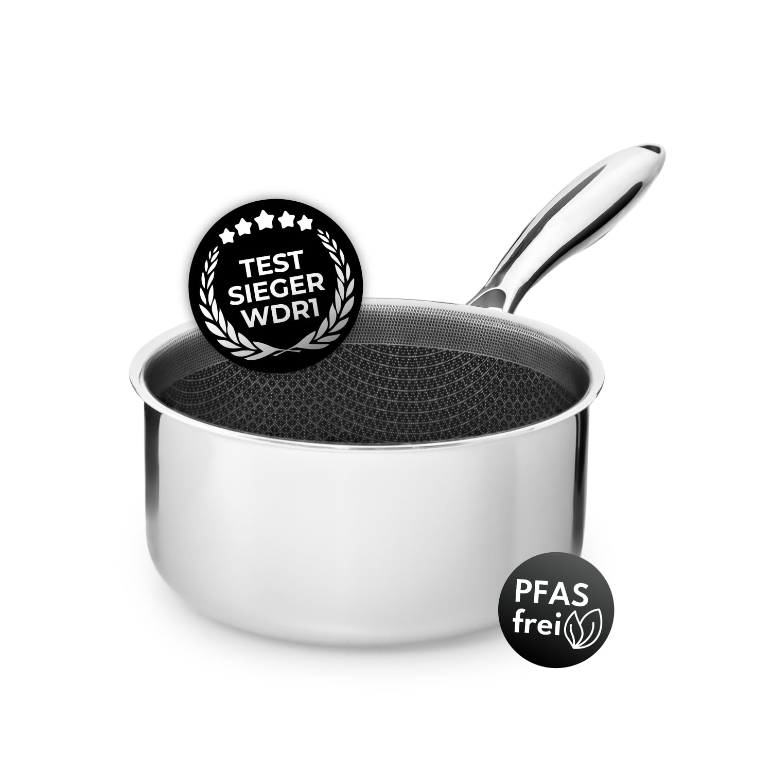Onyx Cookware Stielkasserolle 18 cm 2 l – Beschichteter Kochtopf | Alle Herdarten; kratzfest; 3-Schicht Edelstahl; PFAS-frei; spülmaschinengeeignet