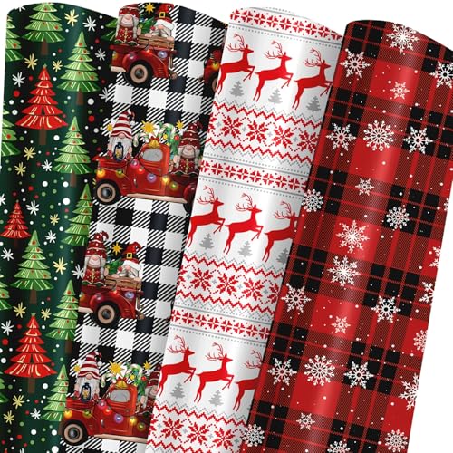 Lyroiphic Geschenkpapier Weihnachten – Weihnachtsdesigns mit rot-grünen Weihnachtsbäumen, niedlichen Gnomen auf Autos, Rentieren und karierten Schneeflocken - 8 gefaltete Bögen (50 × 70 cm)