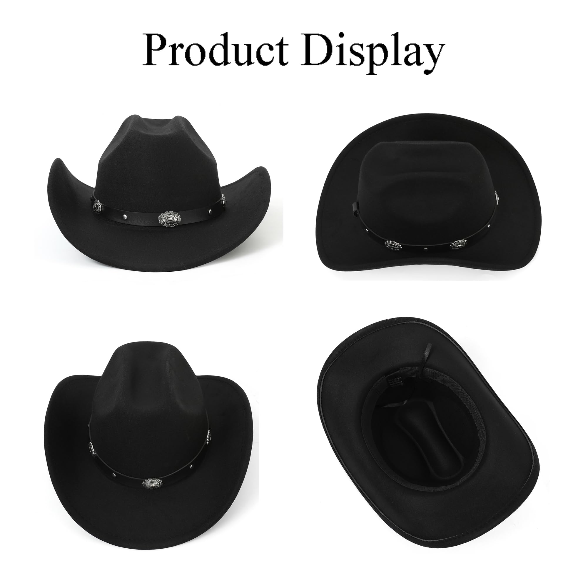 Cappello da cowboy classico occidentale a tesa ribassata in feltro, cappello da cowgirl, cappello da rodeo con cintura, per donne e uomini (adatto per 56,9-58,9 cm)