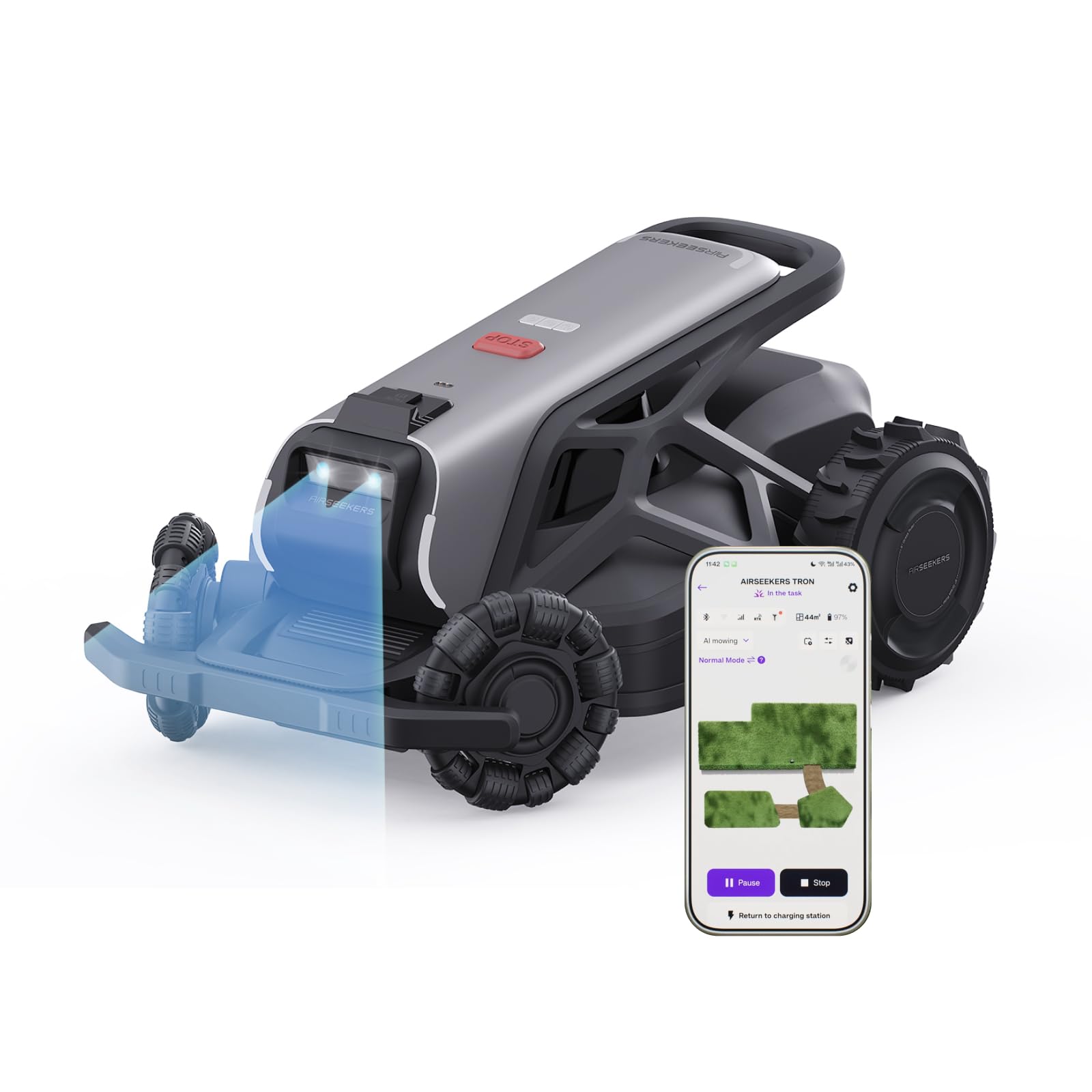 TRON SE Mähroboter ohne Begrenzungskabel Optimaler 1500㎡, NRTK+Vision-Navigation, Kein Signalabbruch, 140° KI-Hindernisvermeidung, Auto-Mehrzonen-Kartierung,Keine Antenne,IPX6,10Ah-Akku