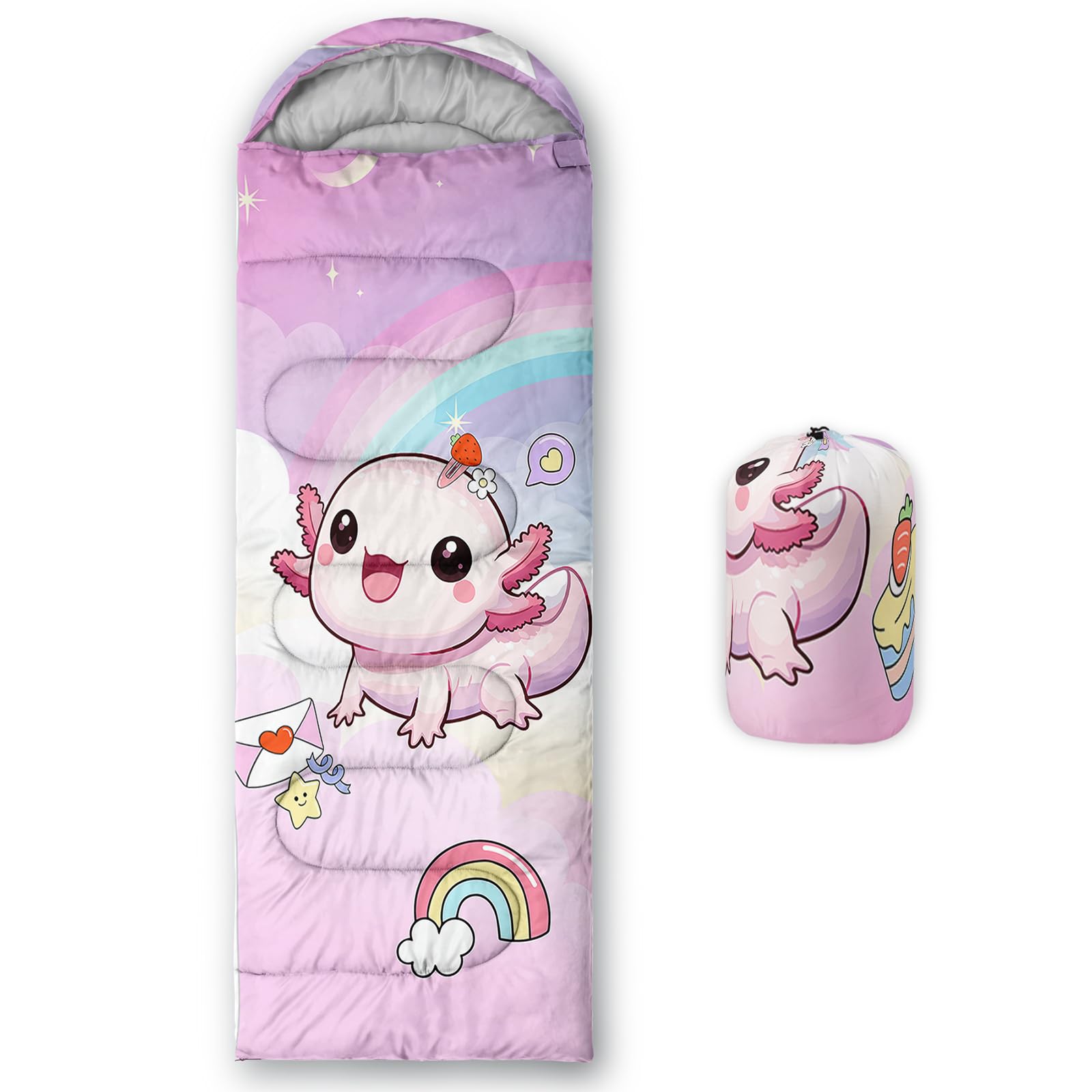 QOOMO Axolotl Rainbow Printed Camping Sleeping Bag, 3 Season Warm & Cool Weather,Lightweight,Waterproof Sleeping Bags for Adults & Kids,Traveling,and Outdoors,Camping Gear Equipment, 31x90inch
