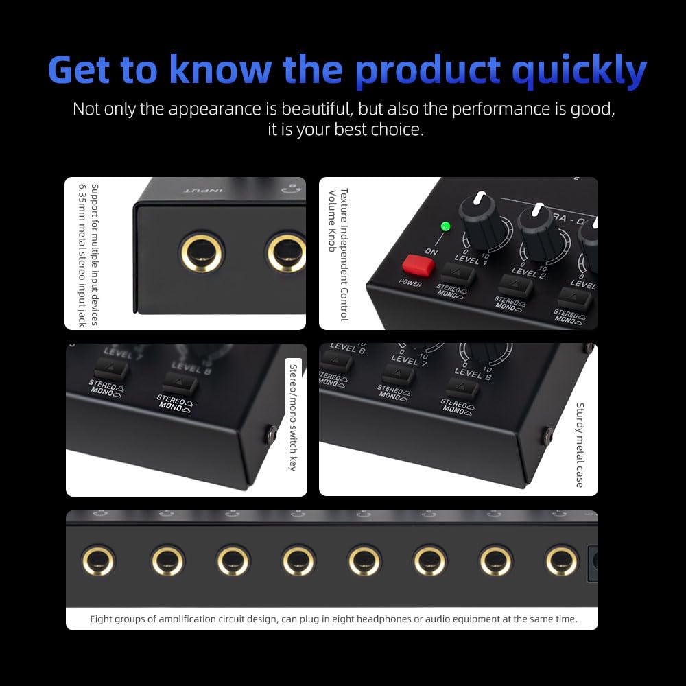 COKYIS Amplificatore per cuffie - Commutazione stereo/mono, mini amplificatore audio ultra compatto con amplificatore per cuffie aggiornato di potenza, 8 canali, adatto per mixer audio, metallo