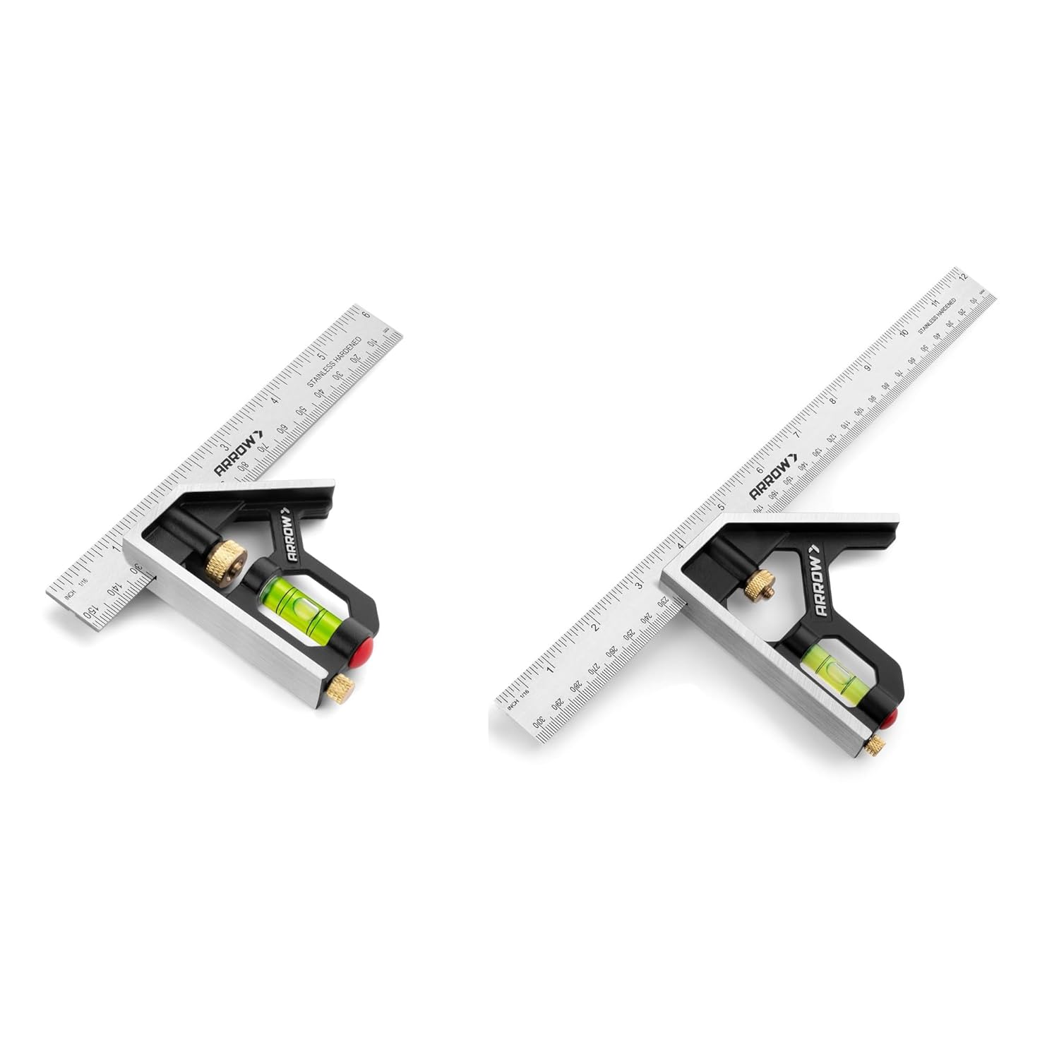 Arrow Combination Square Set, 6-Inch & 12-Inch Combo Squares with Stainless Steel Ruler, Zinc Alloy Body and Bubble Level for Carpenters and Craftsmen