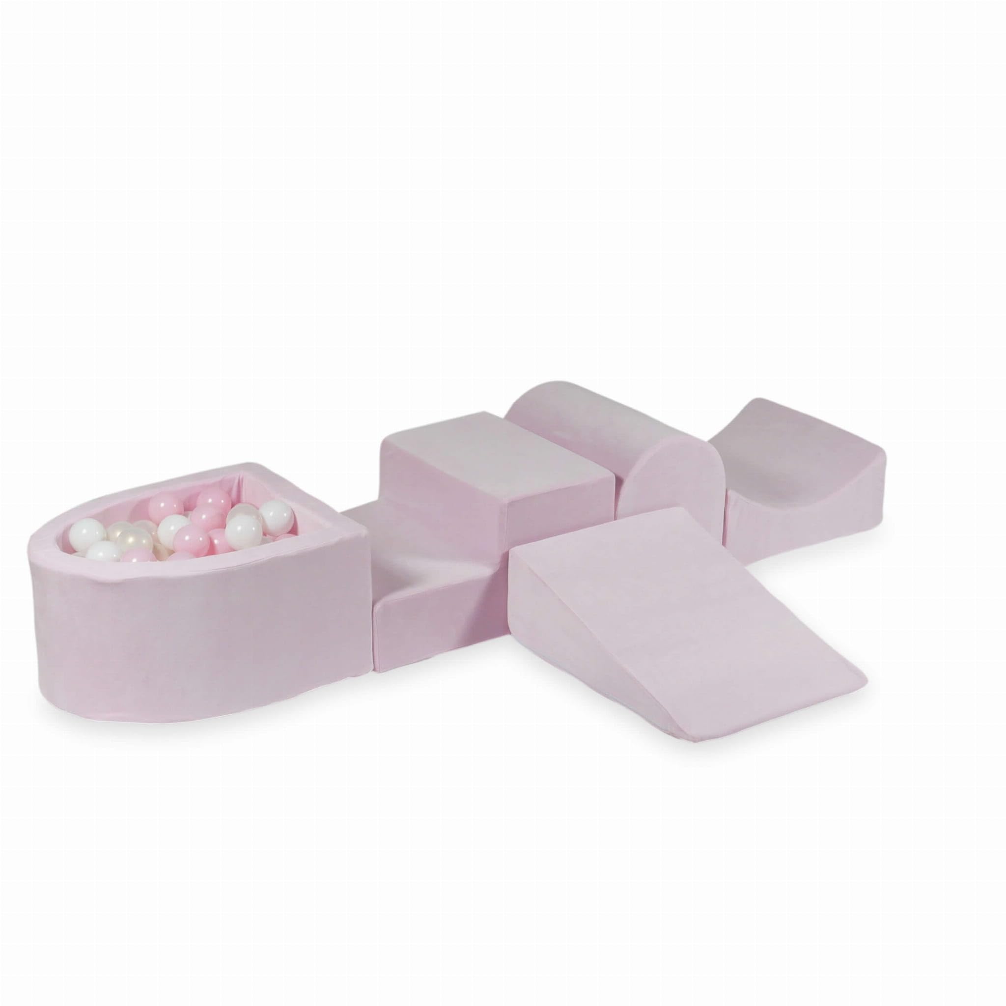 Mimii Parco giochi in schiuma con piscina di palline e collina Velvet Soft rosa chiaro (100 palline: bianco/rosa chiaro/opale) – grandi mattoncini da costruzione per gattonare e arrampicarsi – morbidi