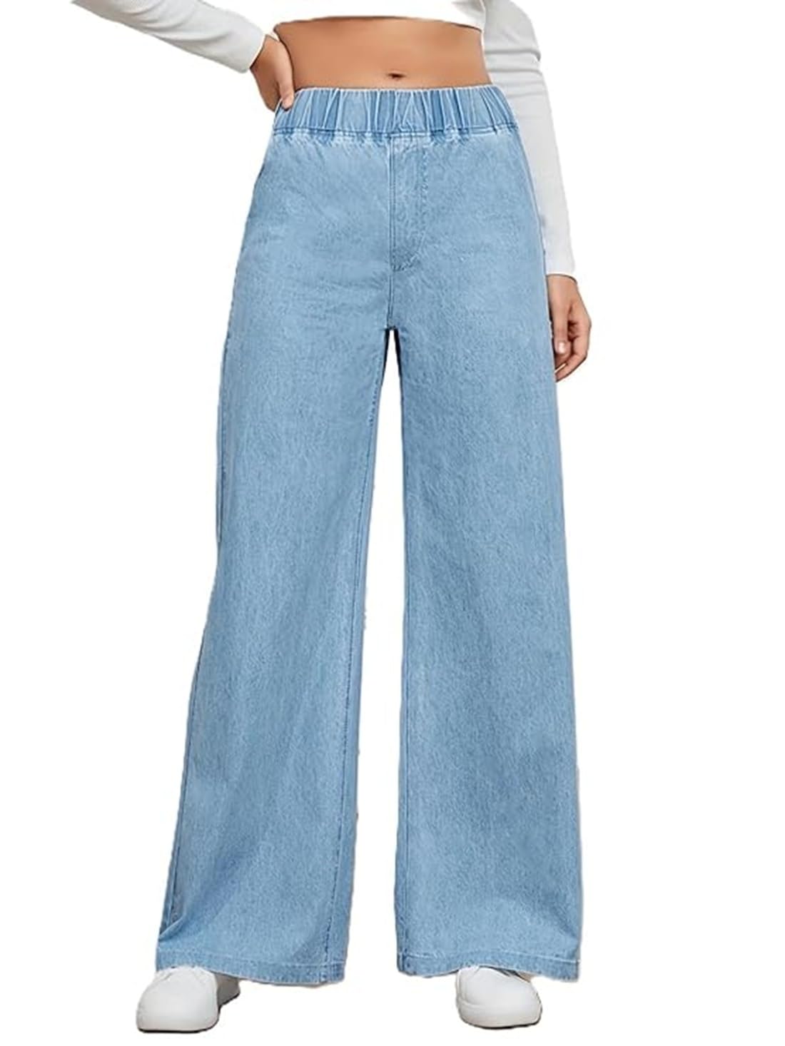 ADBUCKS Women's Stretch Denim Wide Leg Jeans Comfort Fit with Elastic Waistband, Straight Cut, Casual Style for All Seasons, Versatile Clothing